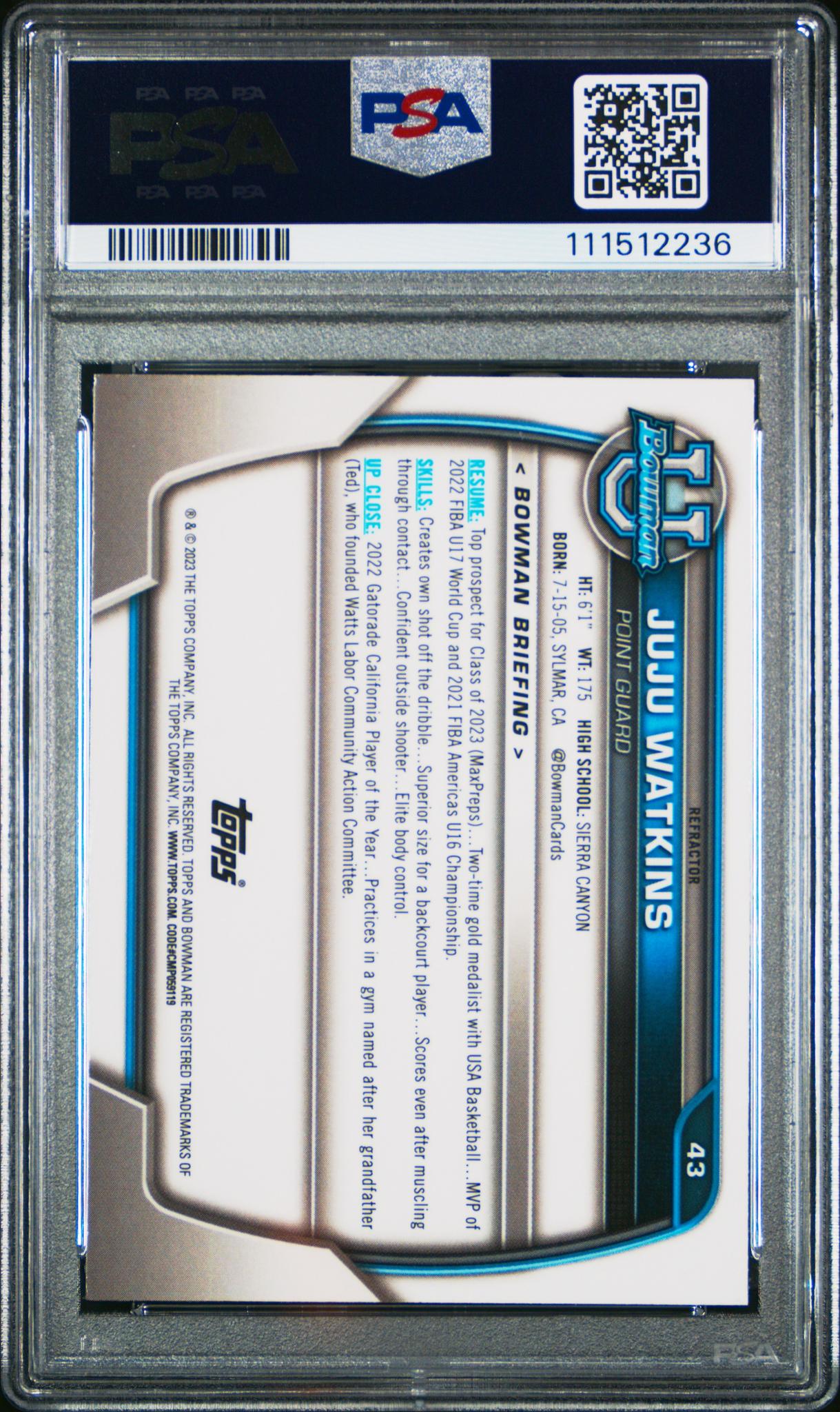 2022 Bowman Chrome University Refractor Juju Watkins #43 PSA 9