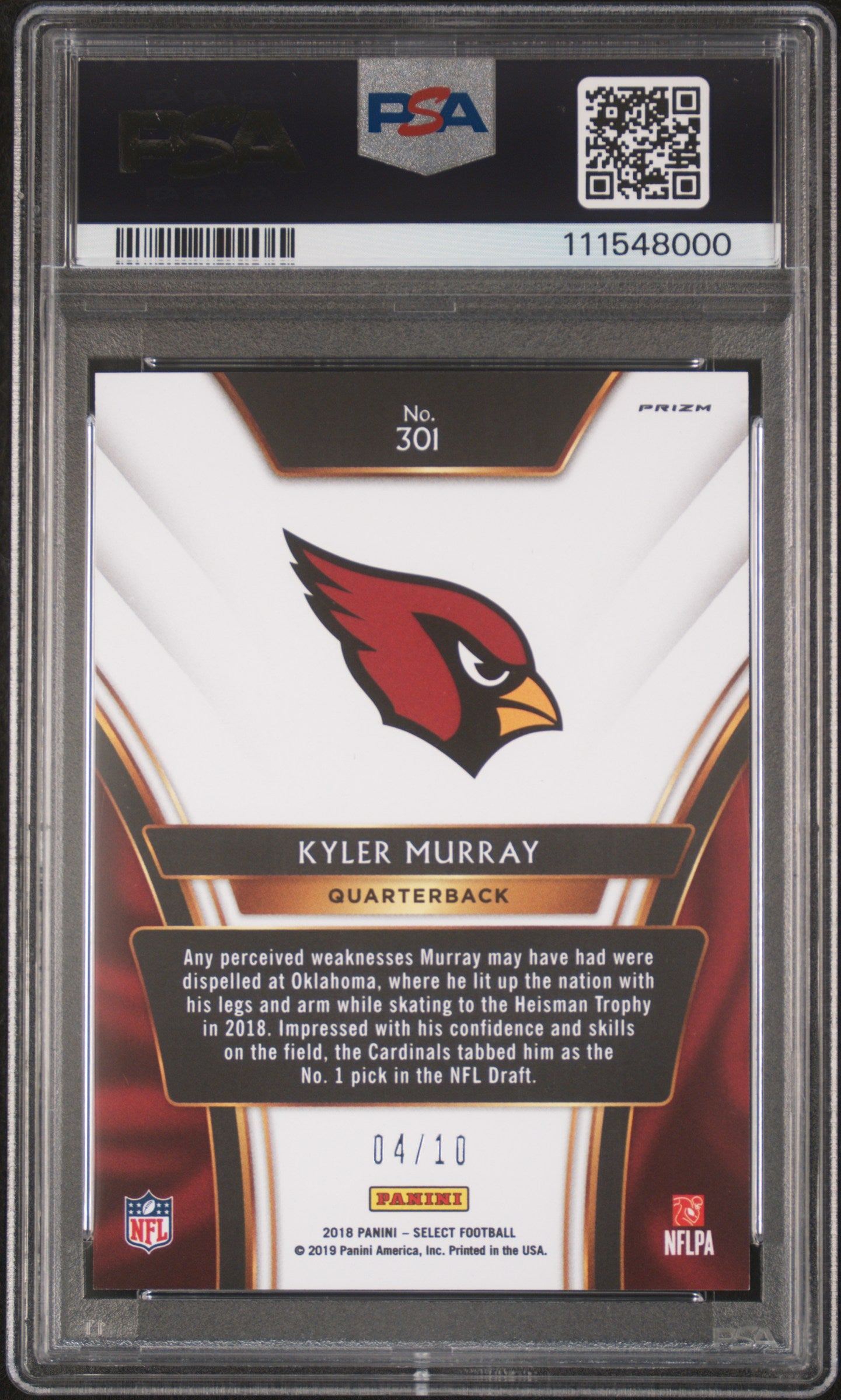 2018 Panini Select XRC Gold Prizm Kyler Murray #301 /10 PSA 8