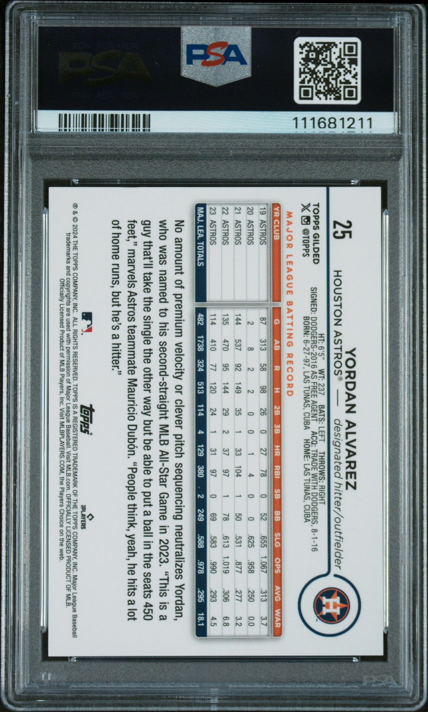2024 Topps Gilded Collection #25 Yordan Alvarez Gold Raywave PSA 8