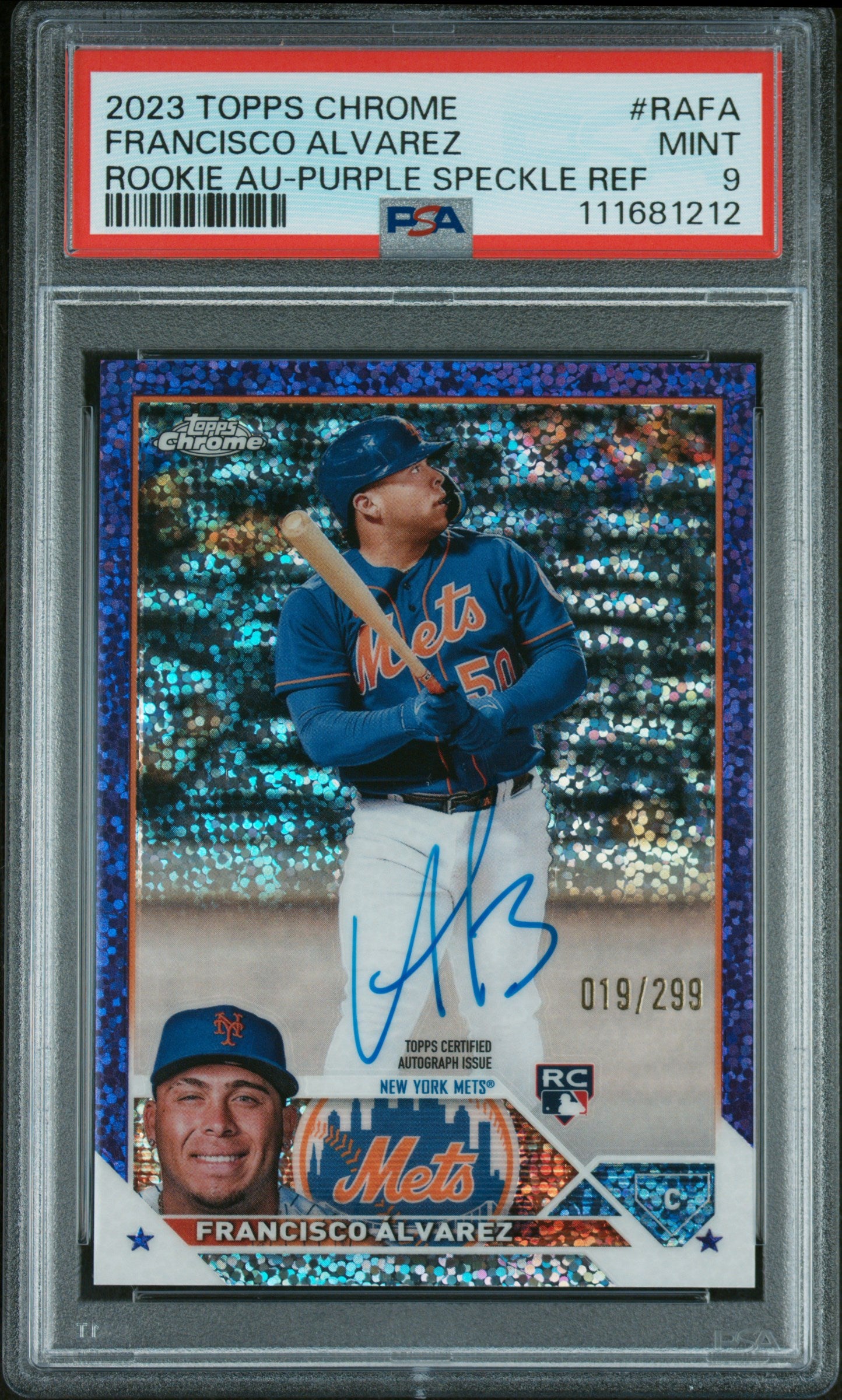 2023 Topps Chrome Rookie Autographs Purple Speckle Refractors Francisco Alvarez #RAFA /250 /299 PSA 9