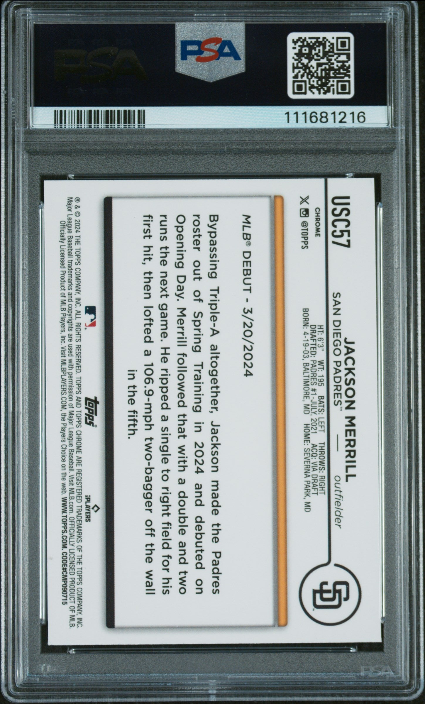 2024 Chrome Update X-Fractors Jackson Merrill #USC57 PSA 10