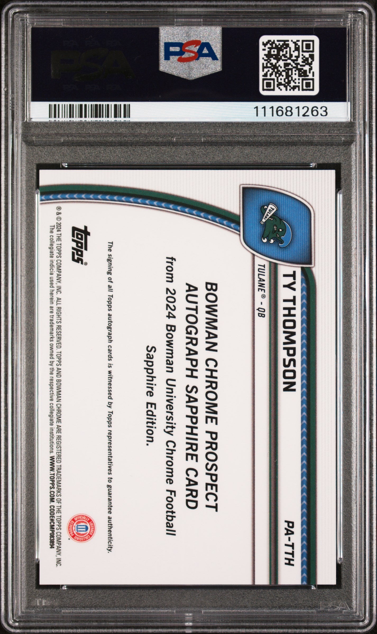 2024 Bowman University Chrome Bowman Chrome Sapphire Prospect Autographs Black Refractor Ty Thompson #PATTH /10 PSA 10