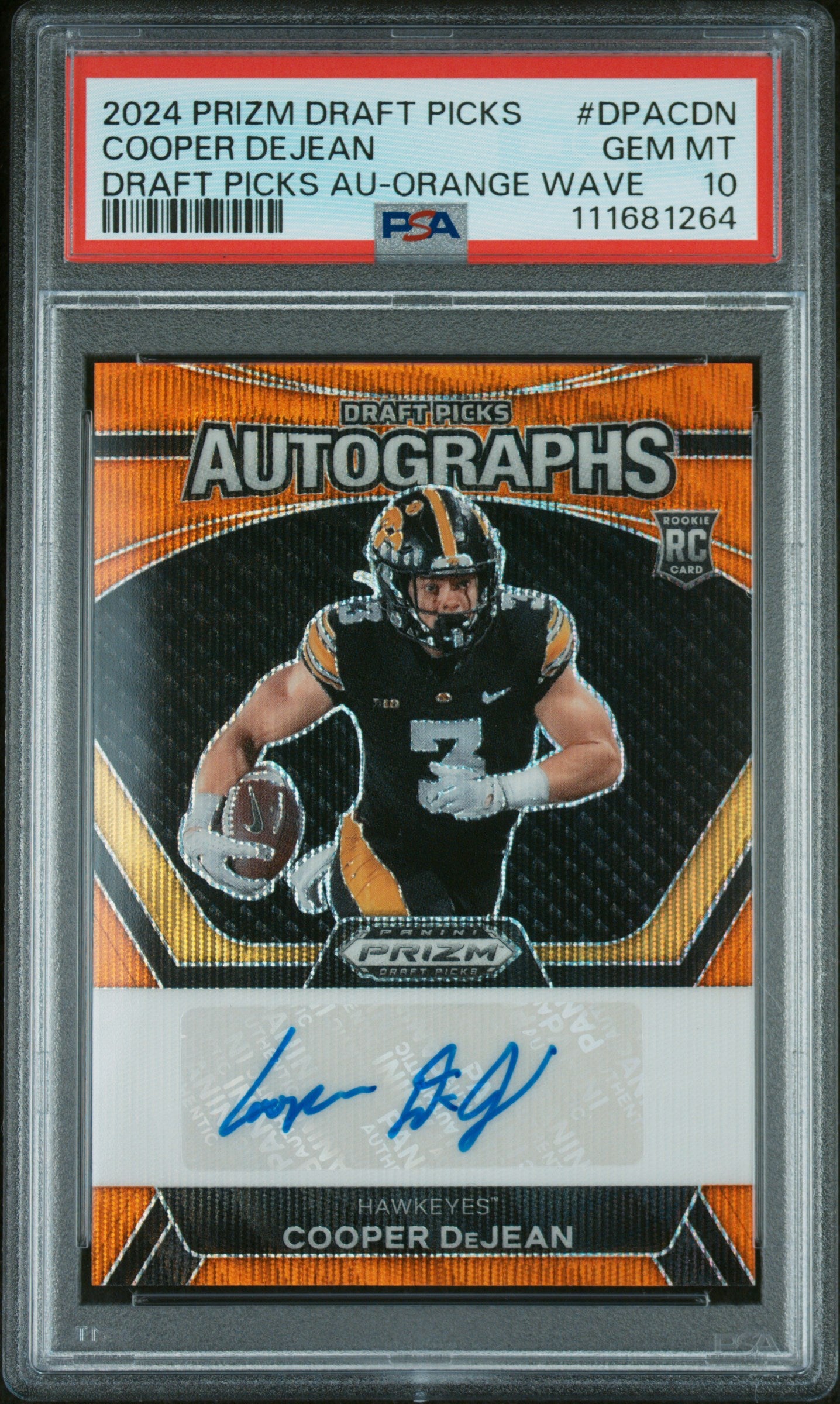 2024 Panini Prizm Draft Picks Draft Picks Autographs #DPACDN Cooper Dejean Orange Wave PSA 10