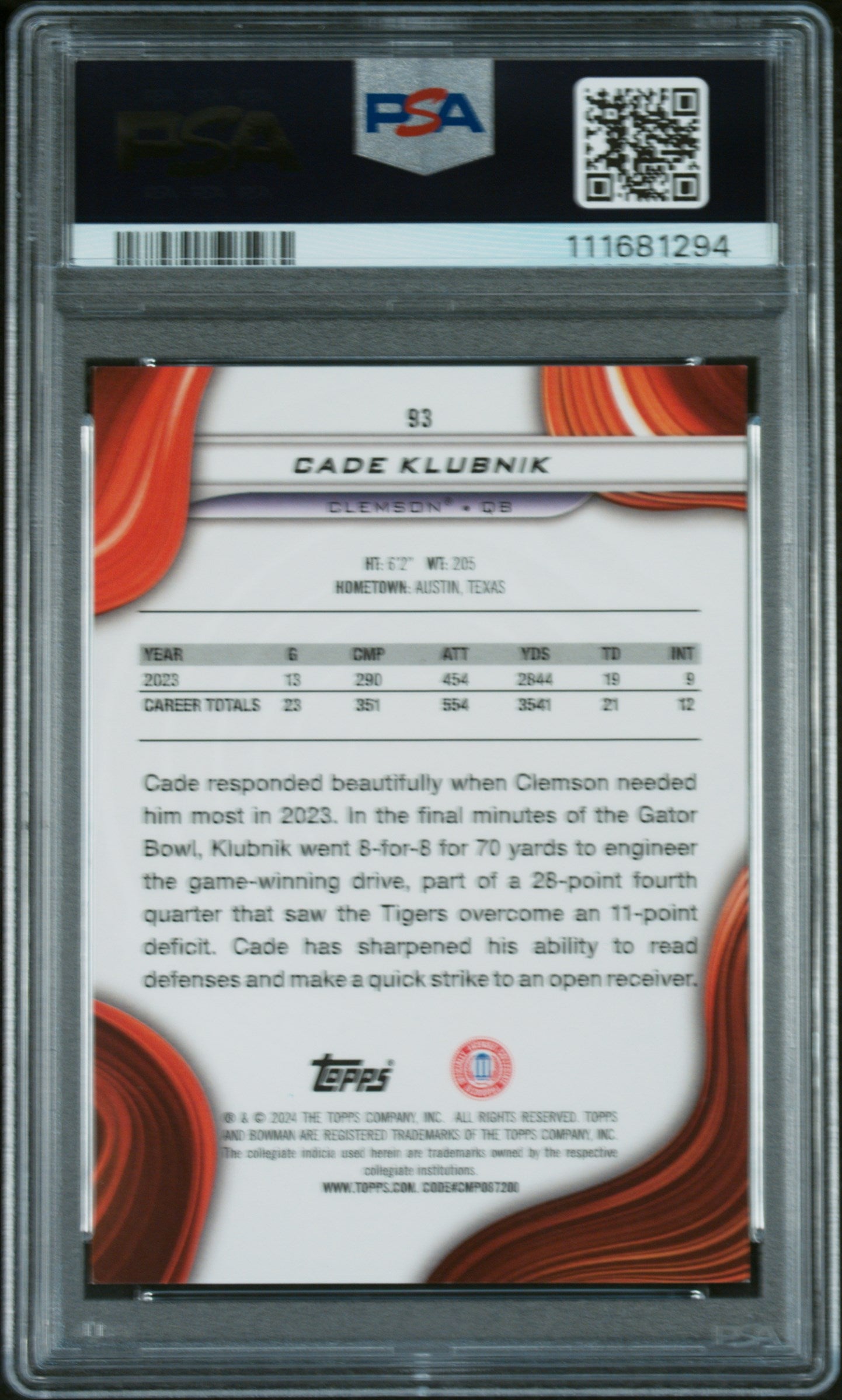 2024 Bowman Best University Aqua Refractor Cade Klubnik #93 /15 PSA 9