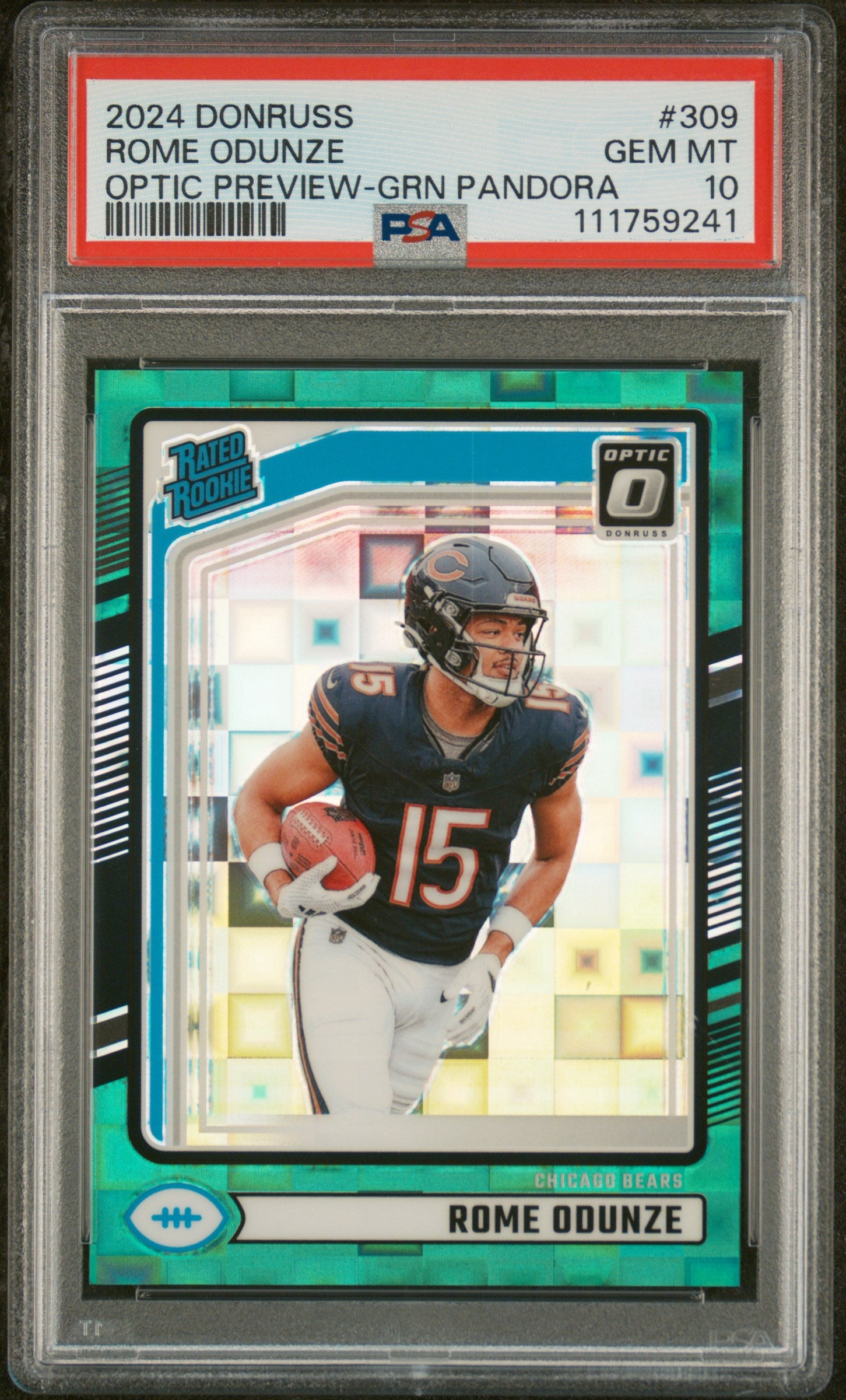 2024 Panini Donruss Optic Preview-Green Pandora Rome Odunze #309 /25 PSA 10