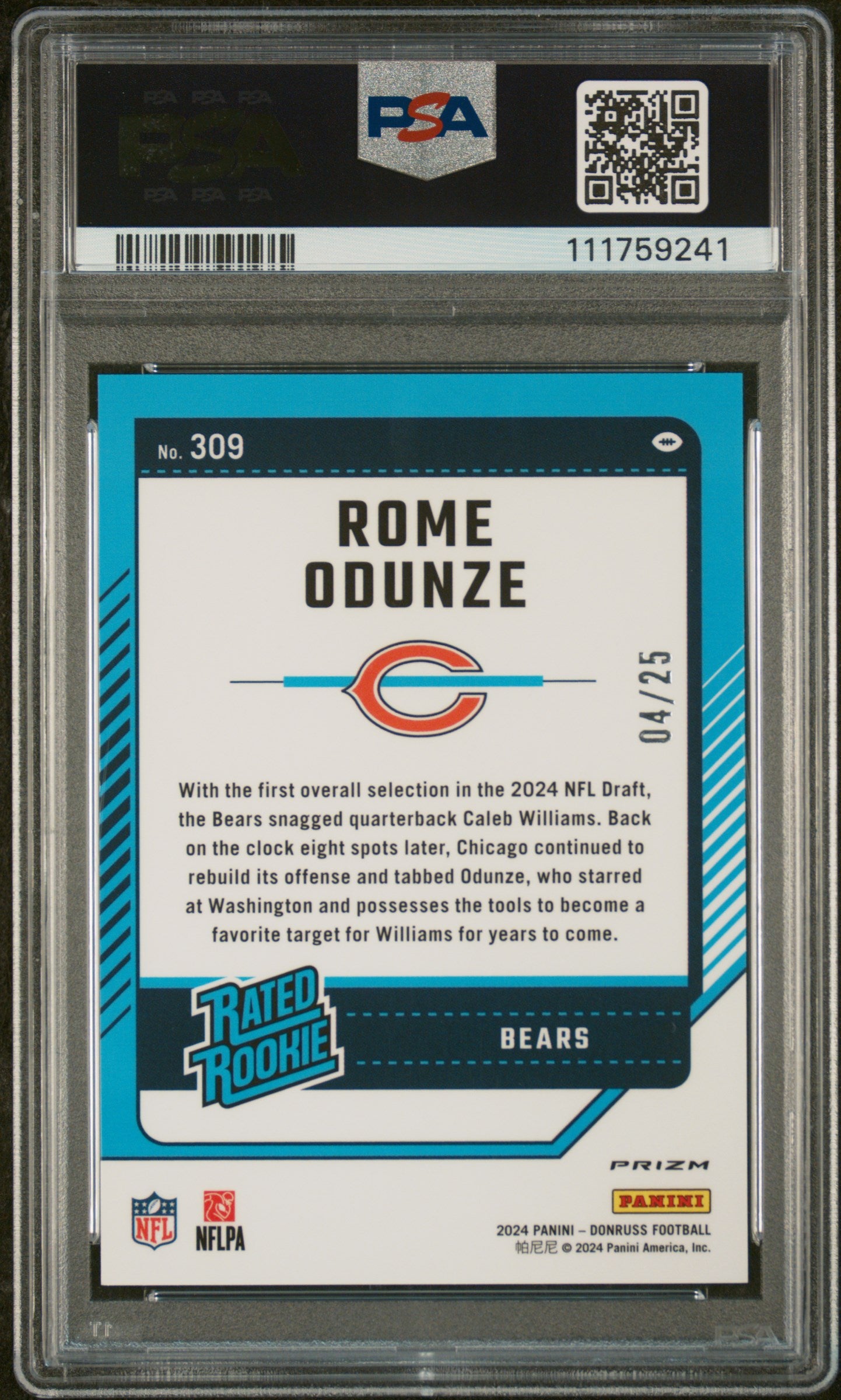 2024 Panini Donruss Optic Preview-Green Pandora Rome Odunze #309 /25 PSA 10