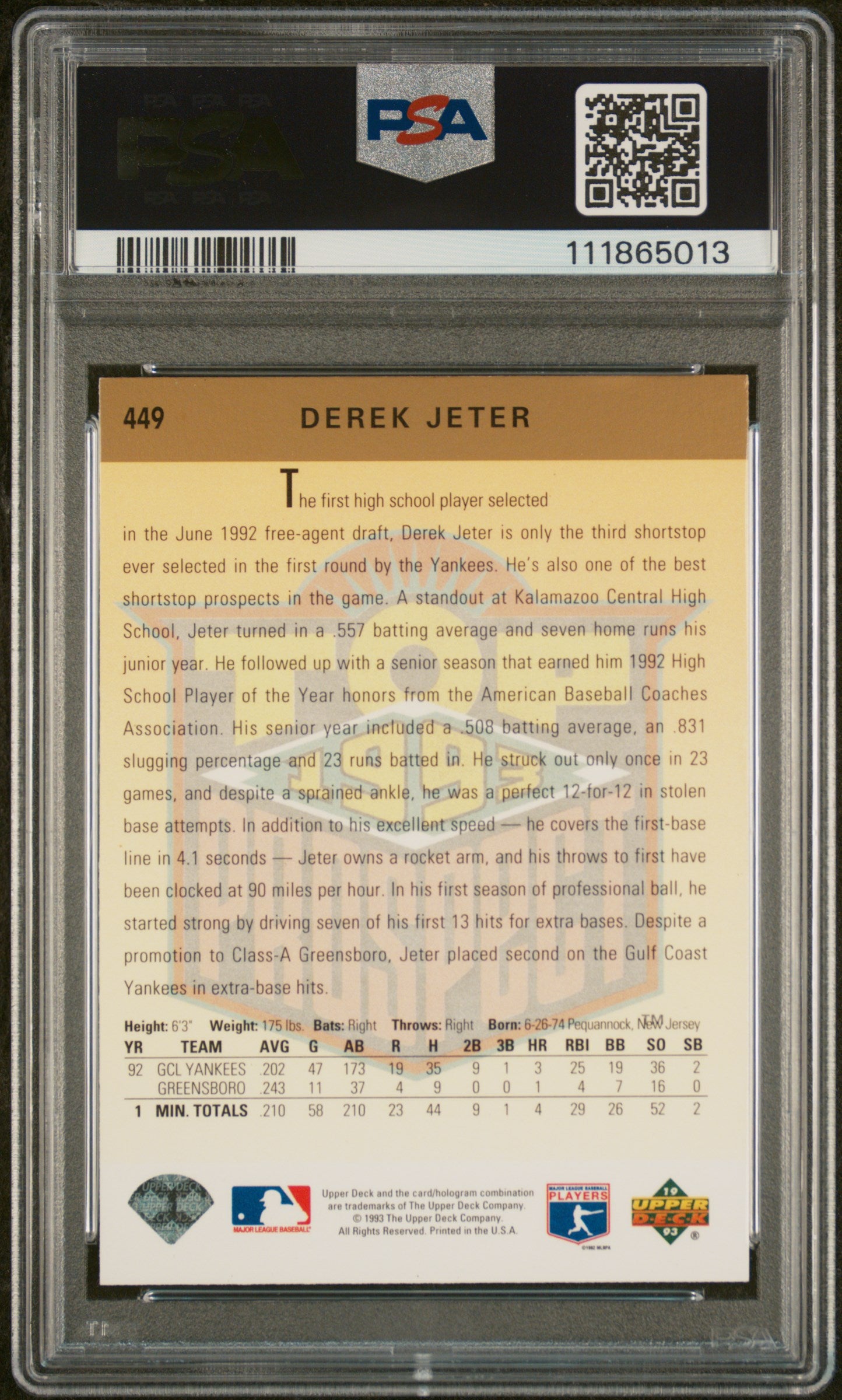 1993 Upper Deck Gold Hologram Derek Jeter #449 PSA 7