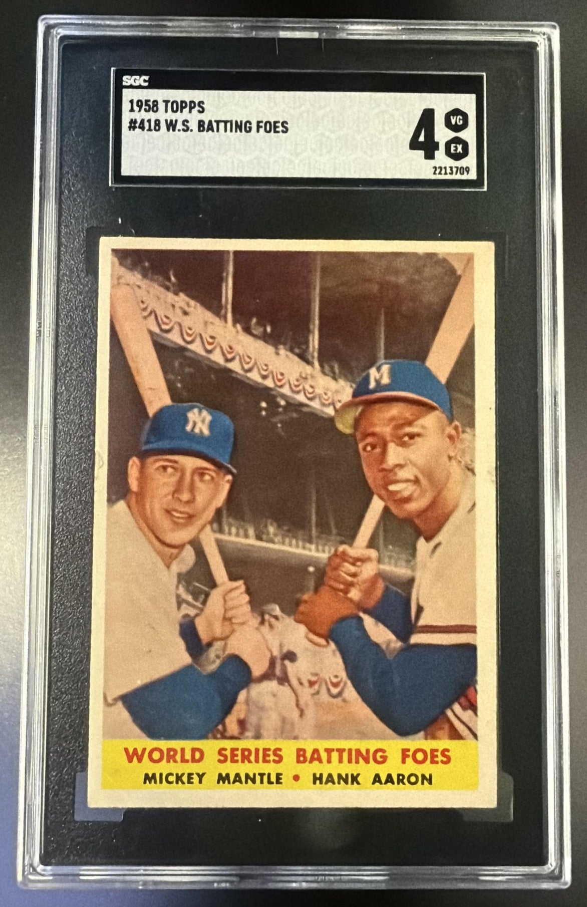 1958 Topps #418 World Series Batting Foes Mickey Mantle/Hank Aaron SGC 4