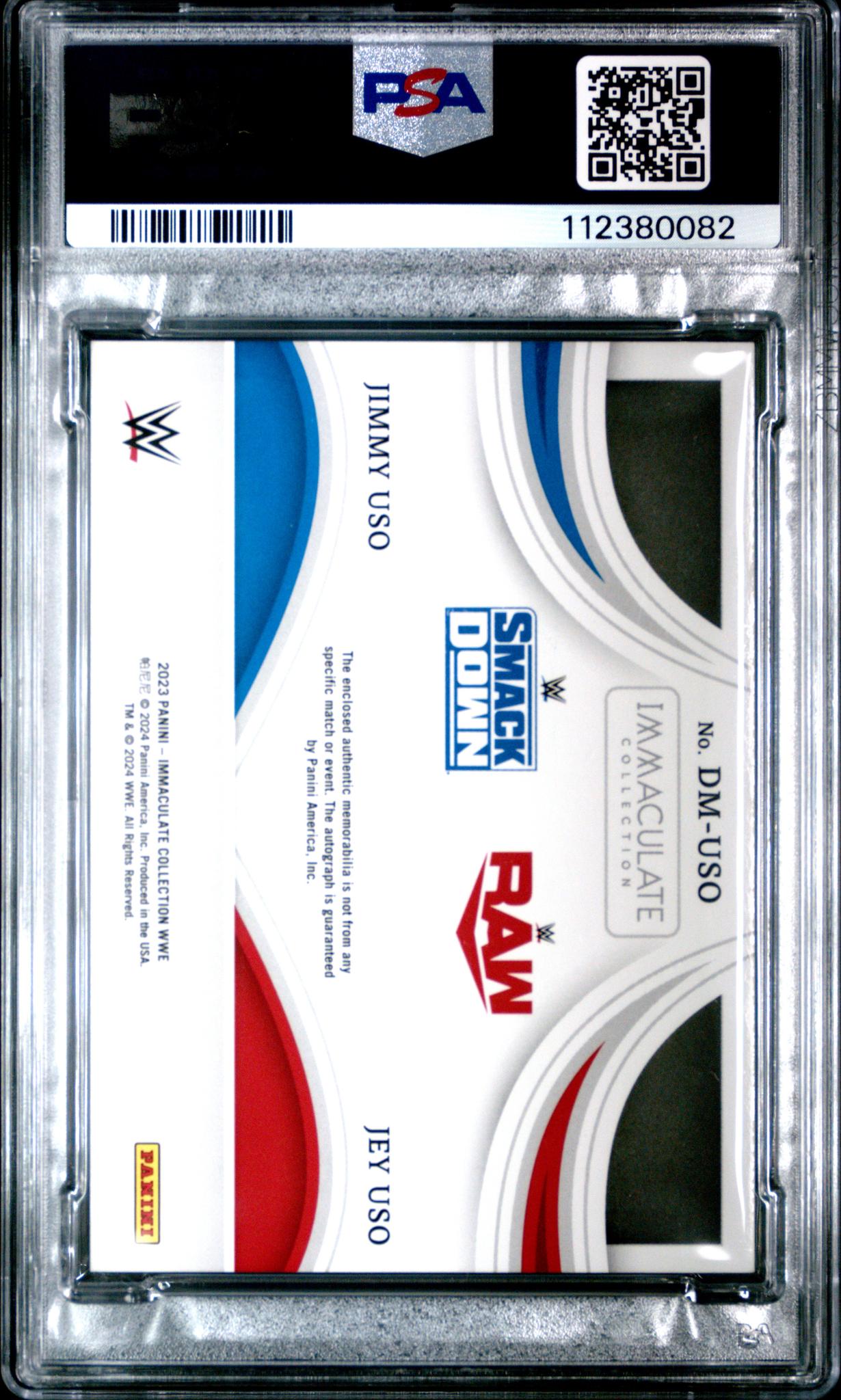 2023 Immaculate #DM-USO Jey Uso/Jimmy Uso Dual Auto Mem-Platinum 1/1 Auto PSA 9