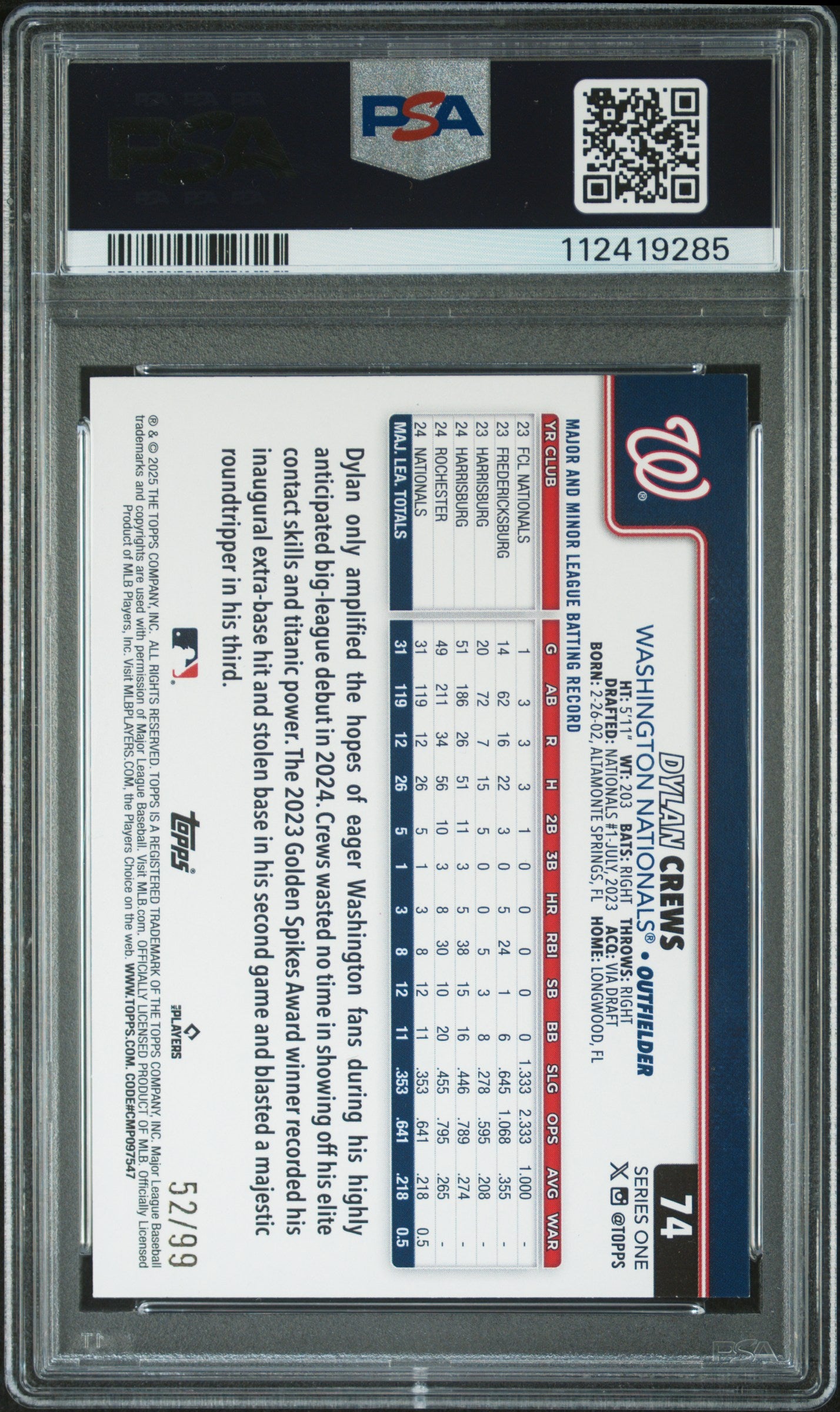 2025 Topps Series 1 Green Rainbow Foil Dylan Crews #74 RC /99 PSA 9