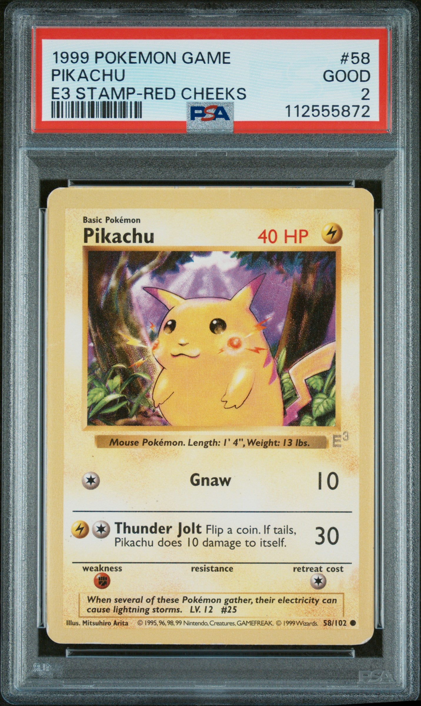 1999 Pokémon Base Set E3 Stamp Pikachu #58/102 Red Cheeks PSA 2