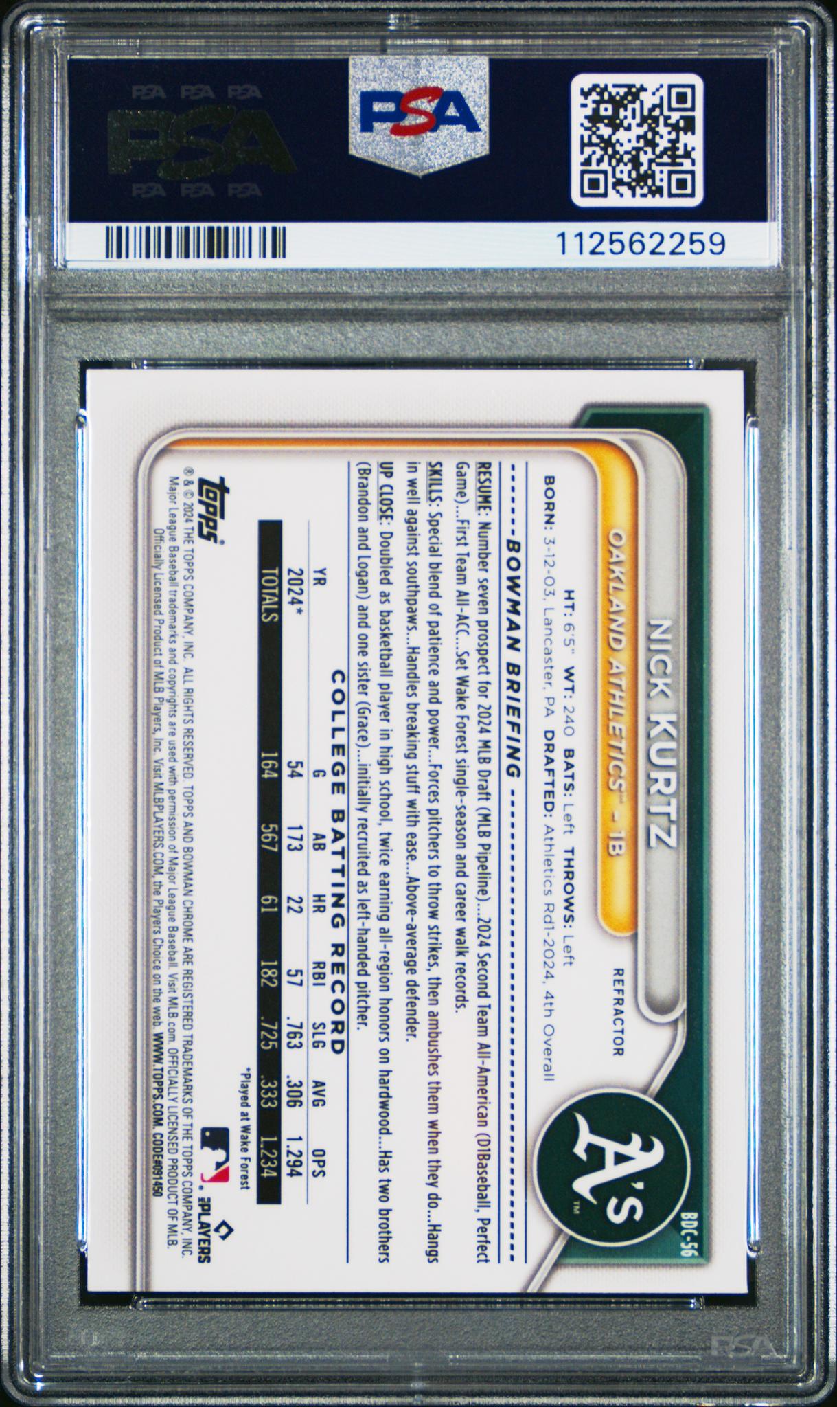 2024 Bowman Draft Chrome Refractor Nick Kurtz #BDC56 PSA 10