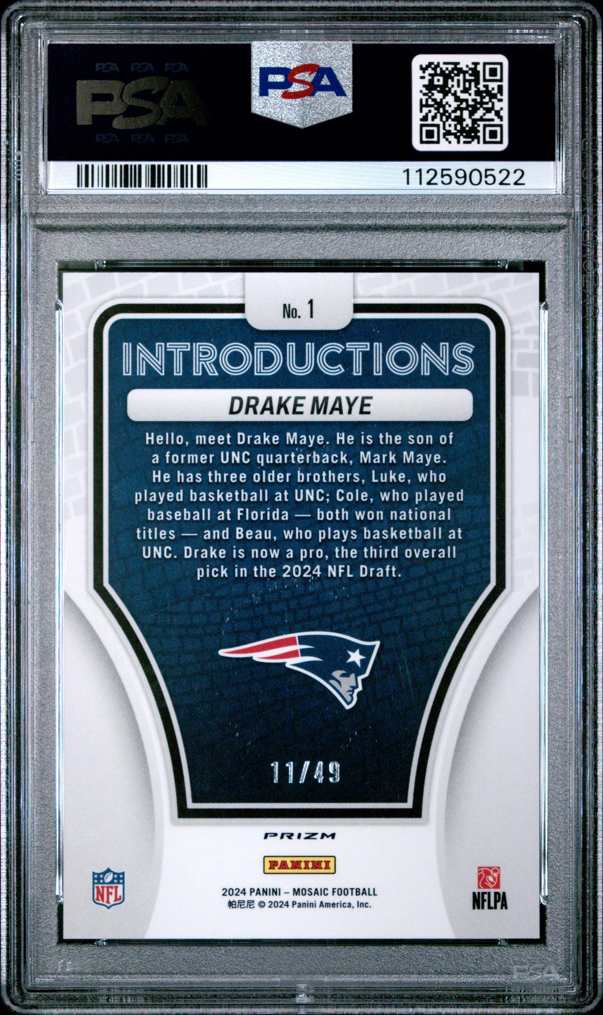 2024 Panini Mosaic Introductions Purple Drake Maye #1 RC Prizm /49 PSA 10