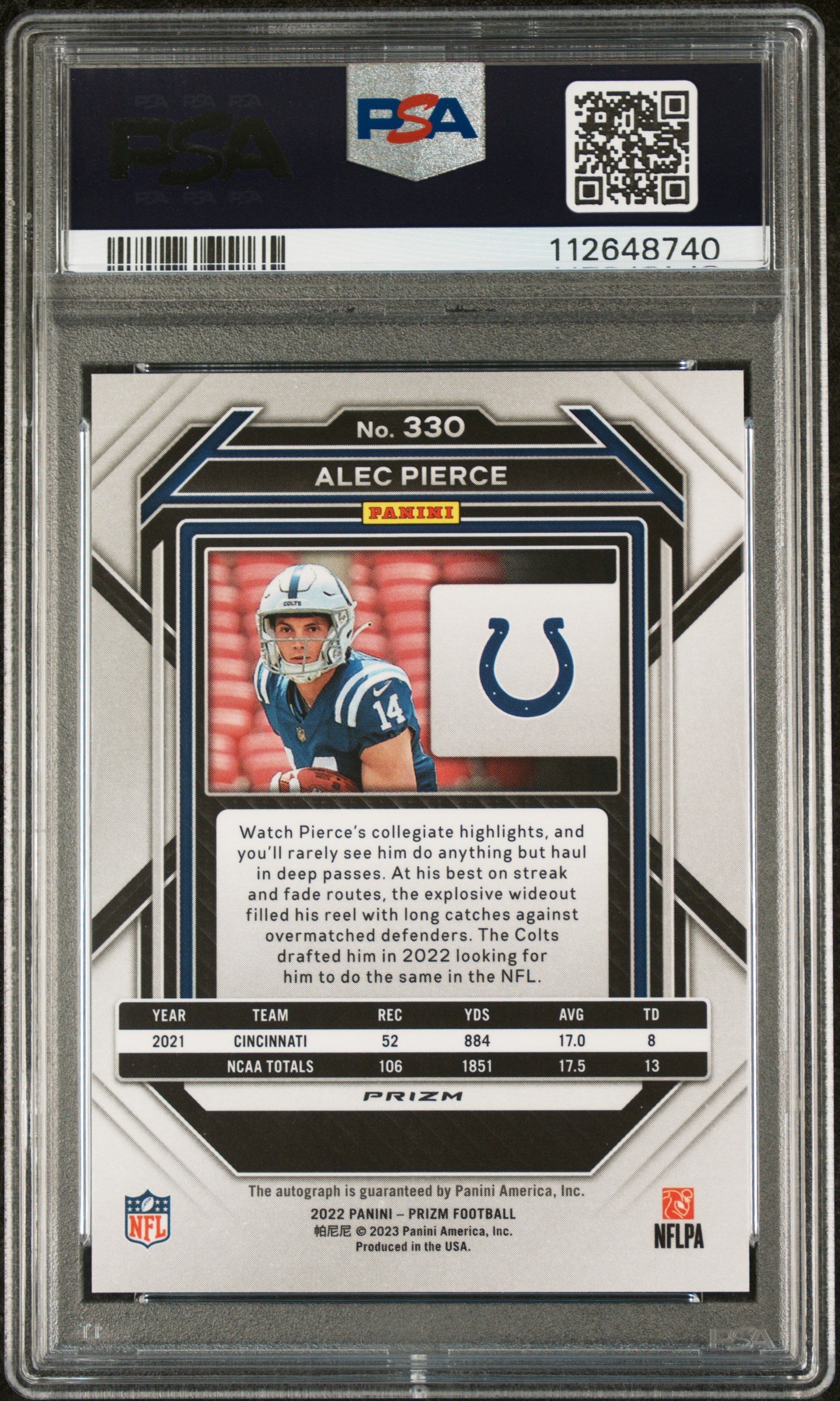 2022 Panini Prizm Alec Pierce #330 RC Auto PSA 10