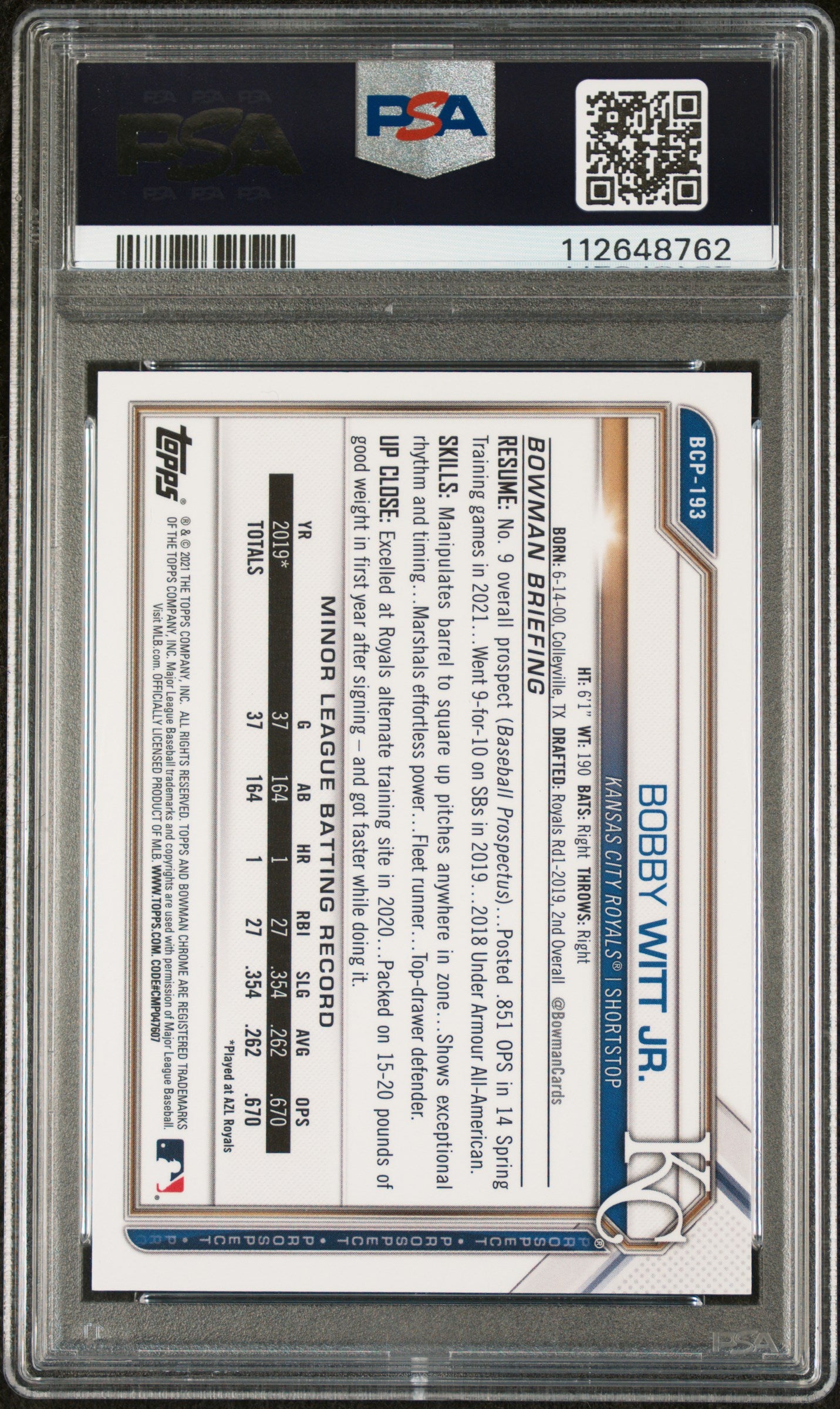 2021 Bowman Chrome Fuchsia Bobby Witt Jr. #BCP193 /199 PSA 10