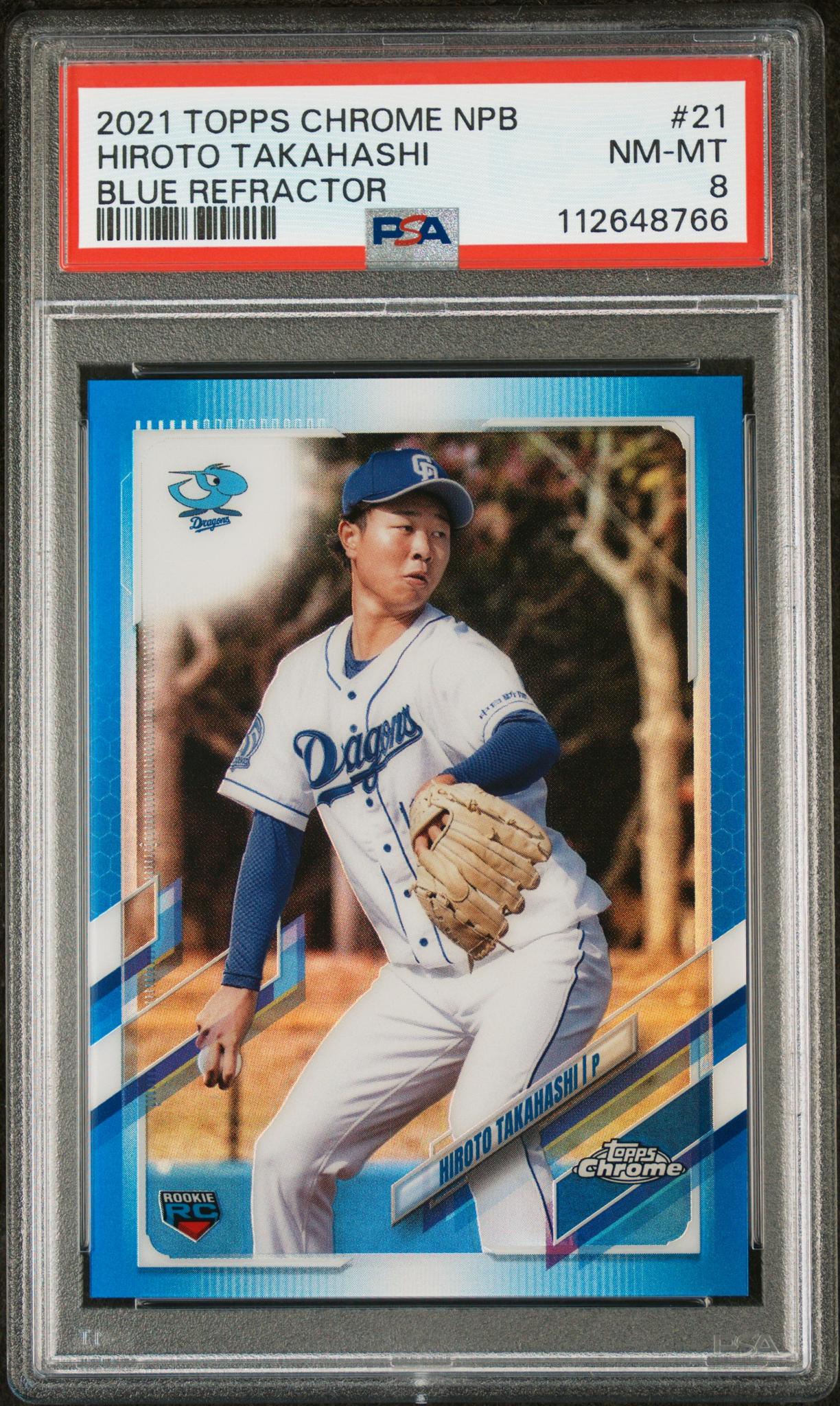 2021 Topps Chrome Blue Refractor Hiroto Takahashi #21 RC /150 PSA 8