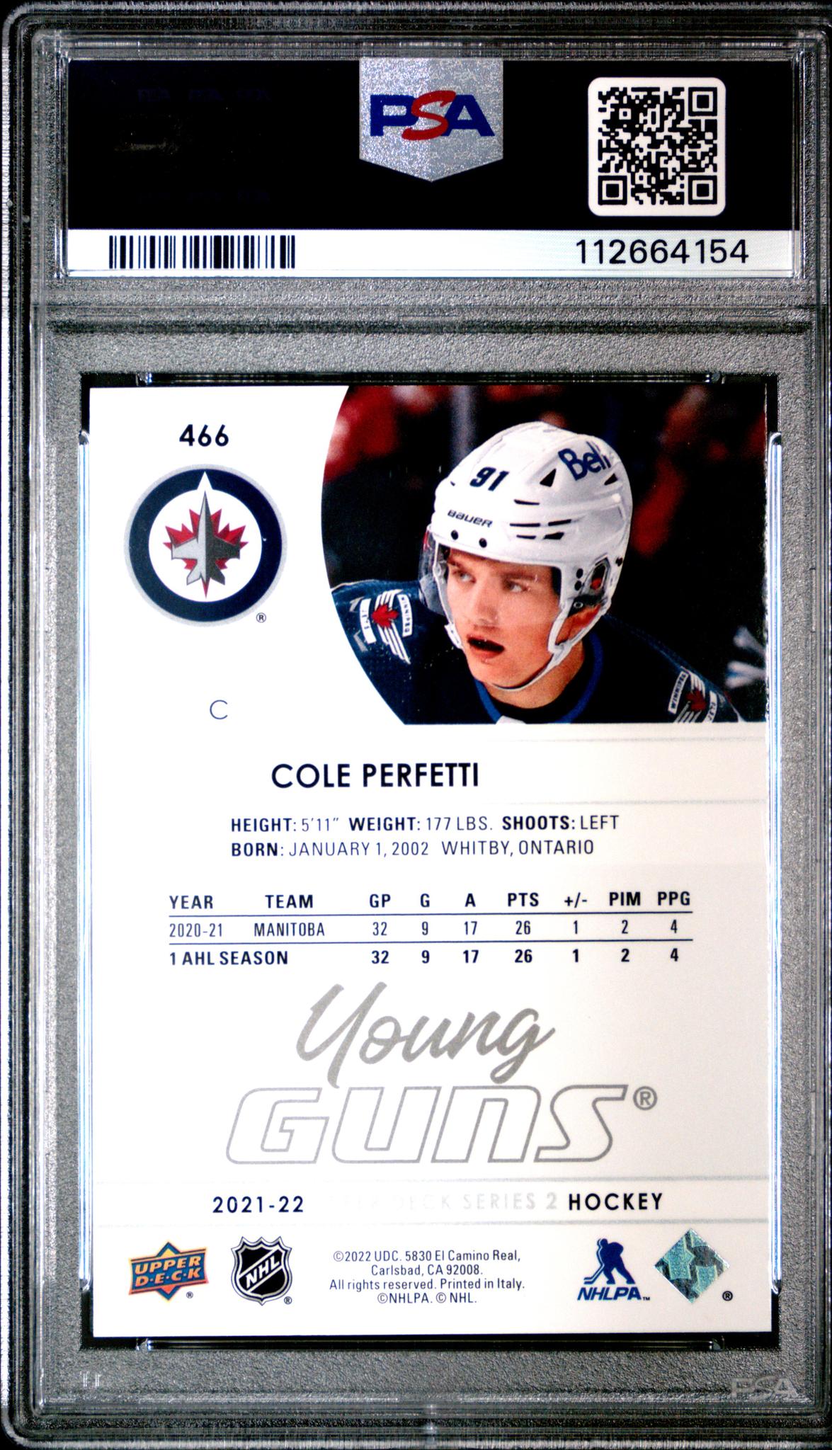 2021 Upper Deck Series 2 Young Guns Cole Perfetti #466 RC PSA 10