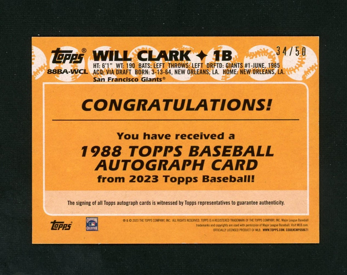 2023 Topps 1988 Silver Pack Will Clark Gold Auto /50