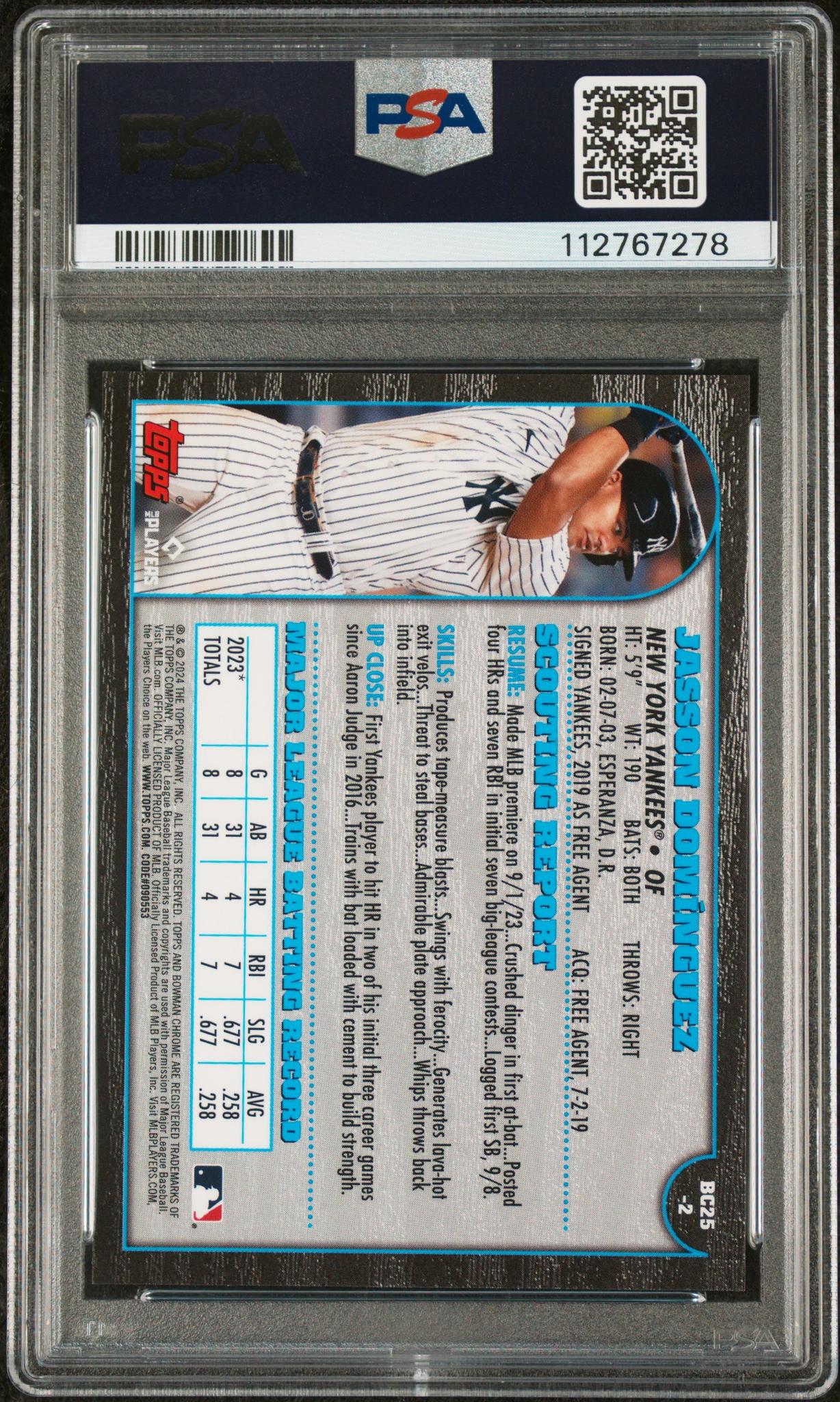 2024 Bowman Chrome #2 Jasson Dominguez 25th Anniversary /125 PSA 7