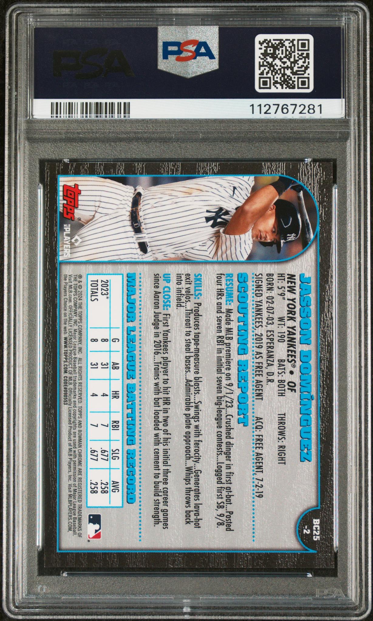 2024 Bowman Chrome 1999 25th Anv Orange Ref Jasson Dominguez #BC25-2 RC/25 PSA 8