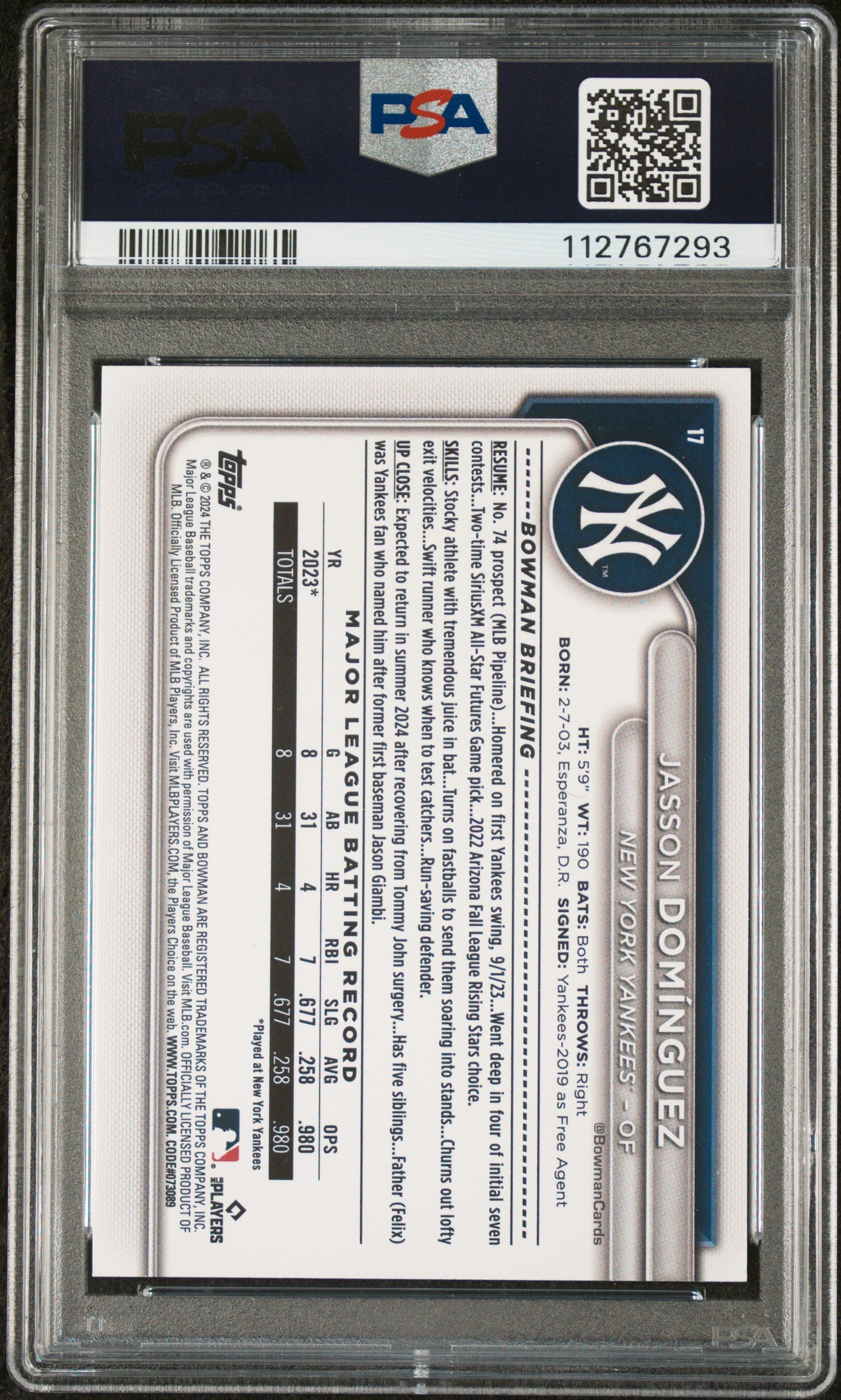 2024 Topps Bowman Sky Blue Jasson Dominguez #17 RC /499 PSA 8