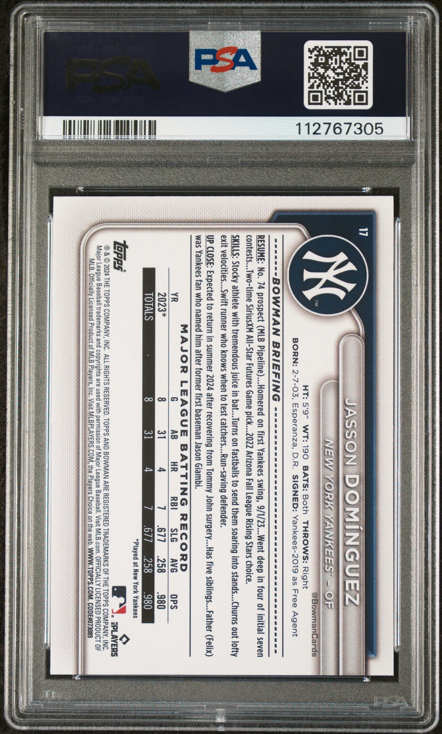 2024 Topps Bowman Gold Jasson Dominguez #17 RC /50 PSA 8