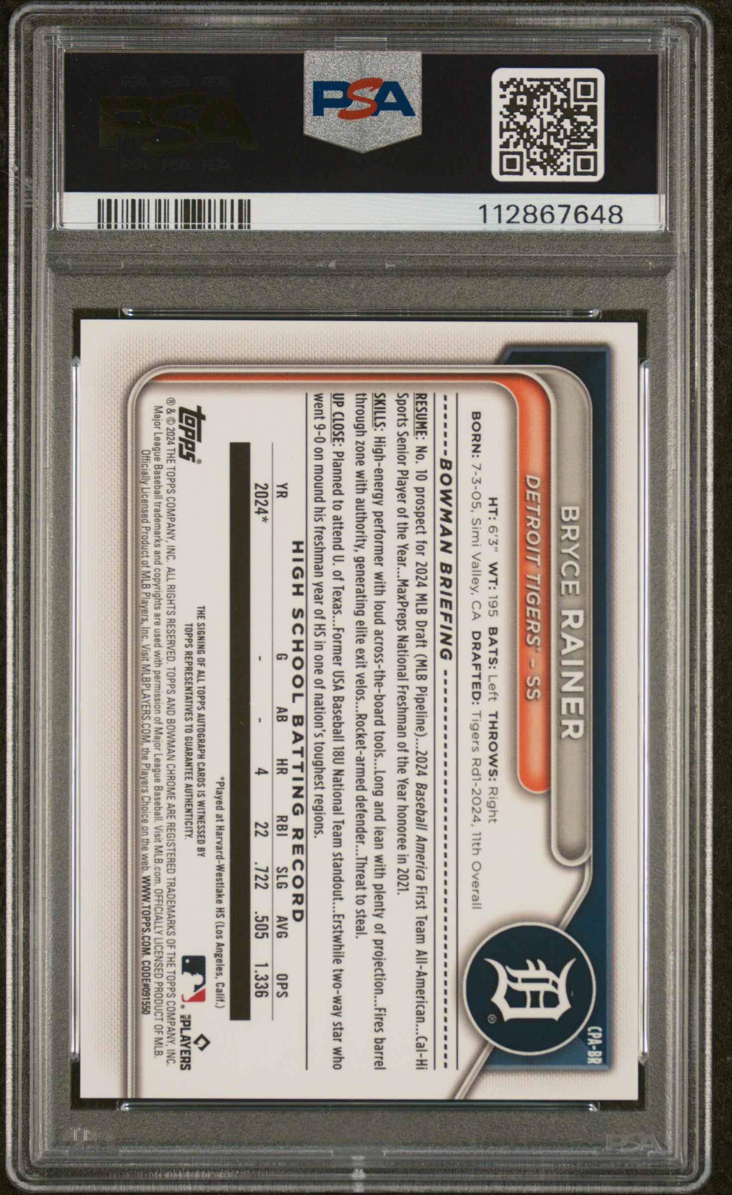 2024 Bowman #CPABR Bryce Rainer Blue Wave /150 PSA 10