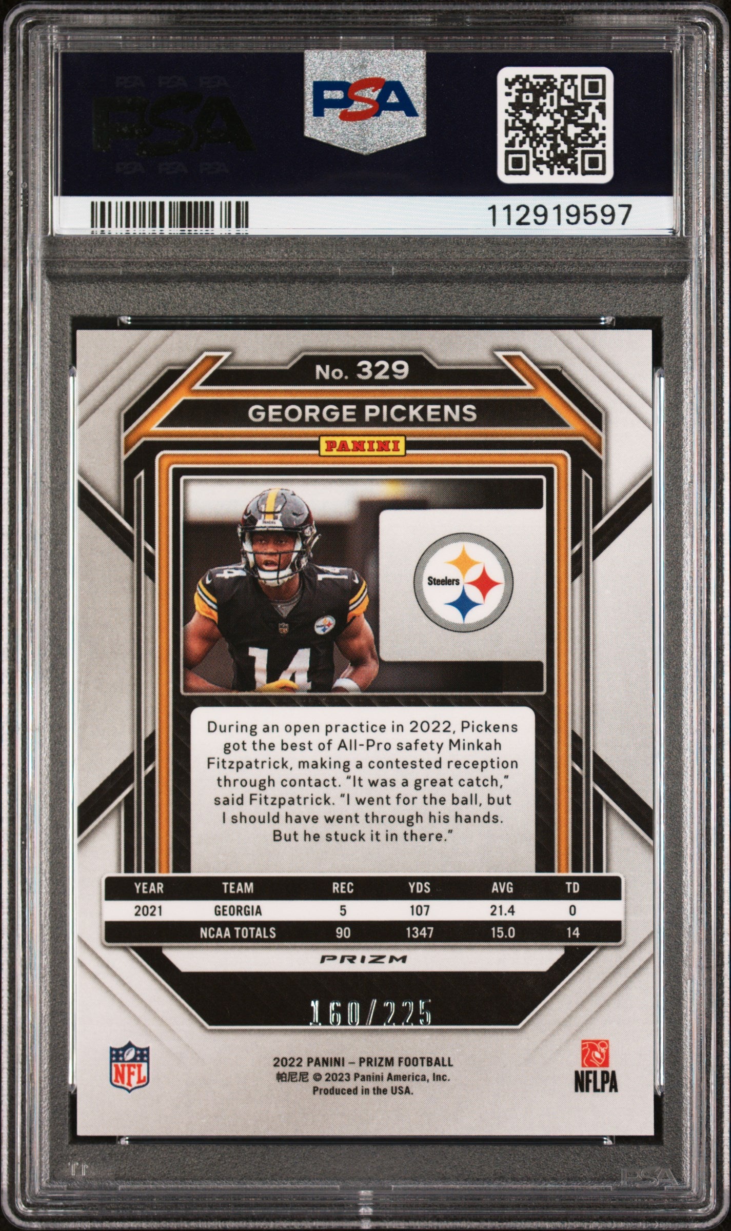 2022 Panini Prizm Purple Ice Prizm George Pickens #329 /225 PSA 9