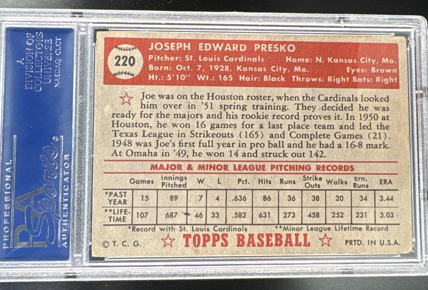 1952 Topps Joe Presko #220 PSA 3
