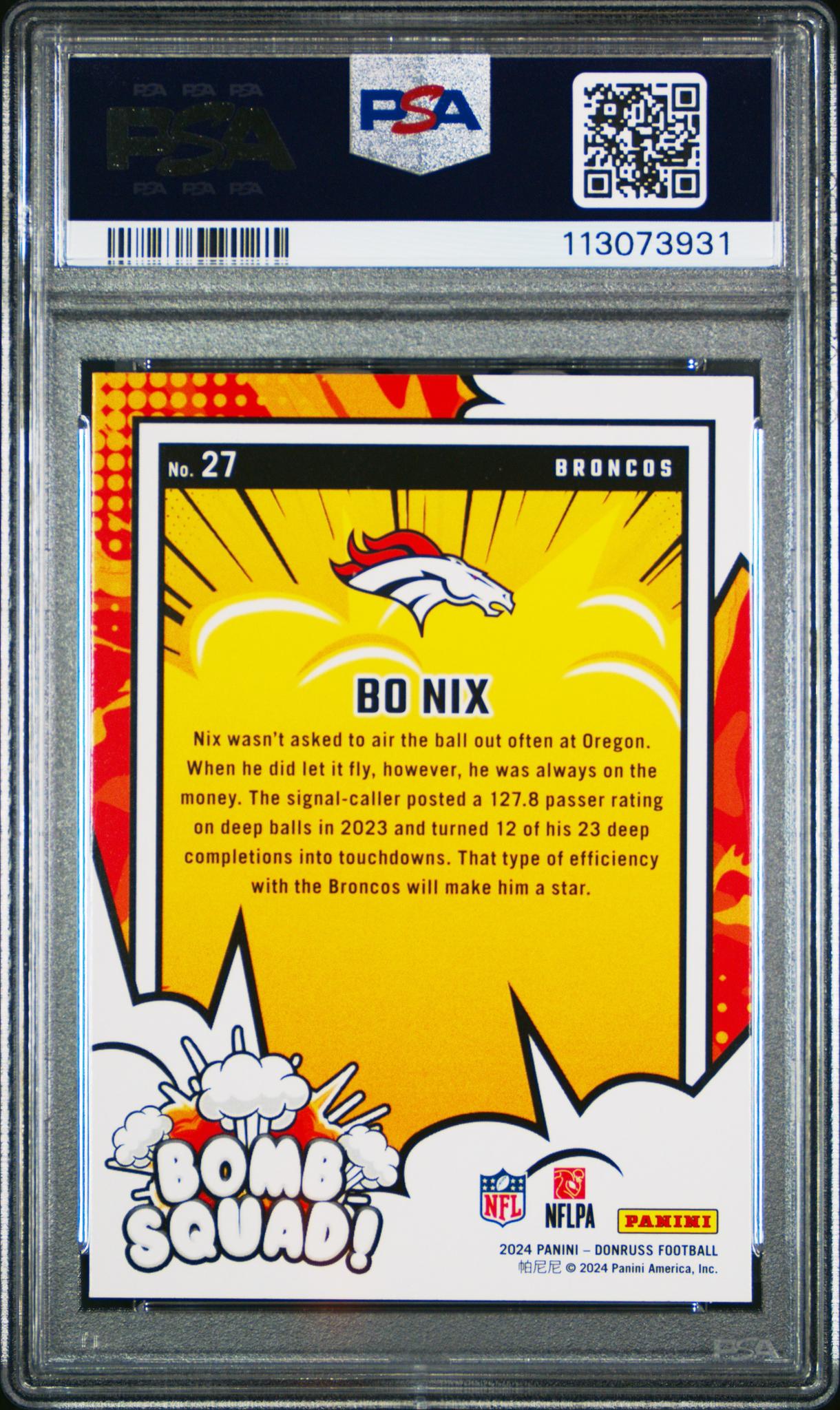 2024 Panini Donruss Bomb Squad Bo Nix #27 PSA 10