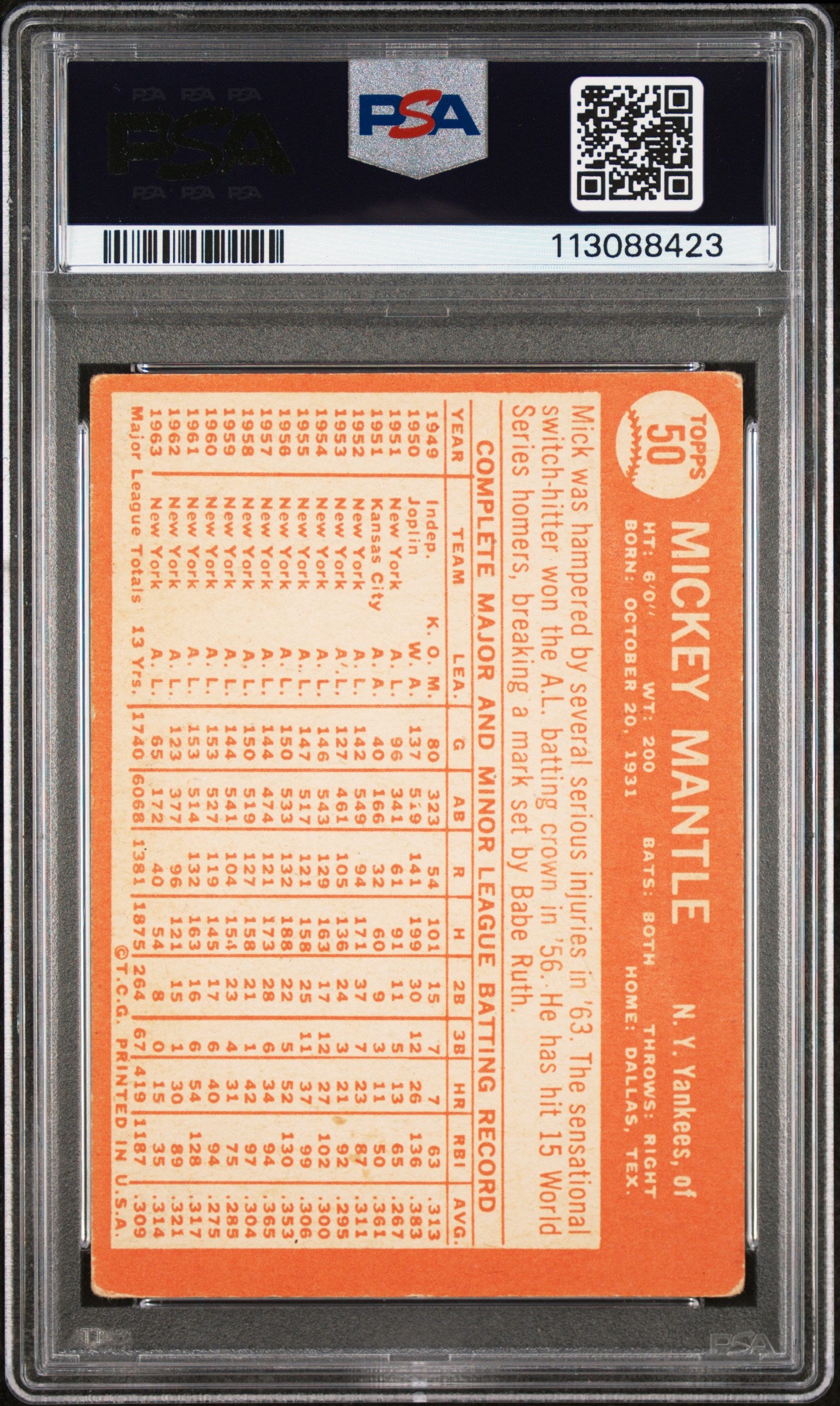 1964 Topps #50 Mickey Mantle PSA 2
