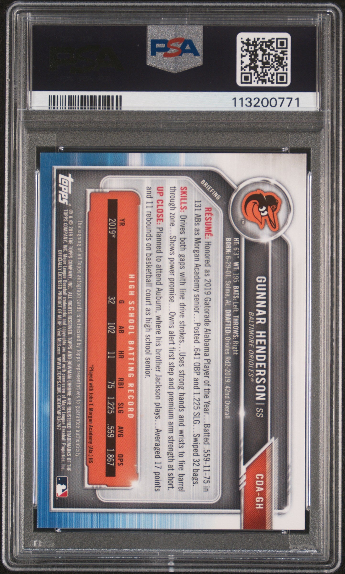 2019 Bowman Draft Chrome Gold Wave Ref Gunnar Henderson #CDA-GH Auto /50 PSA 10