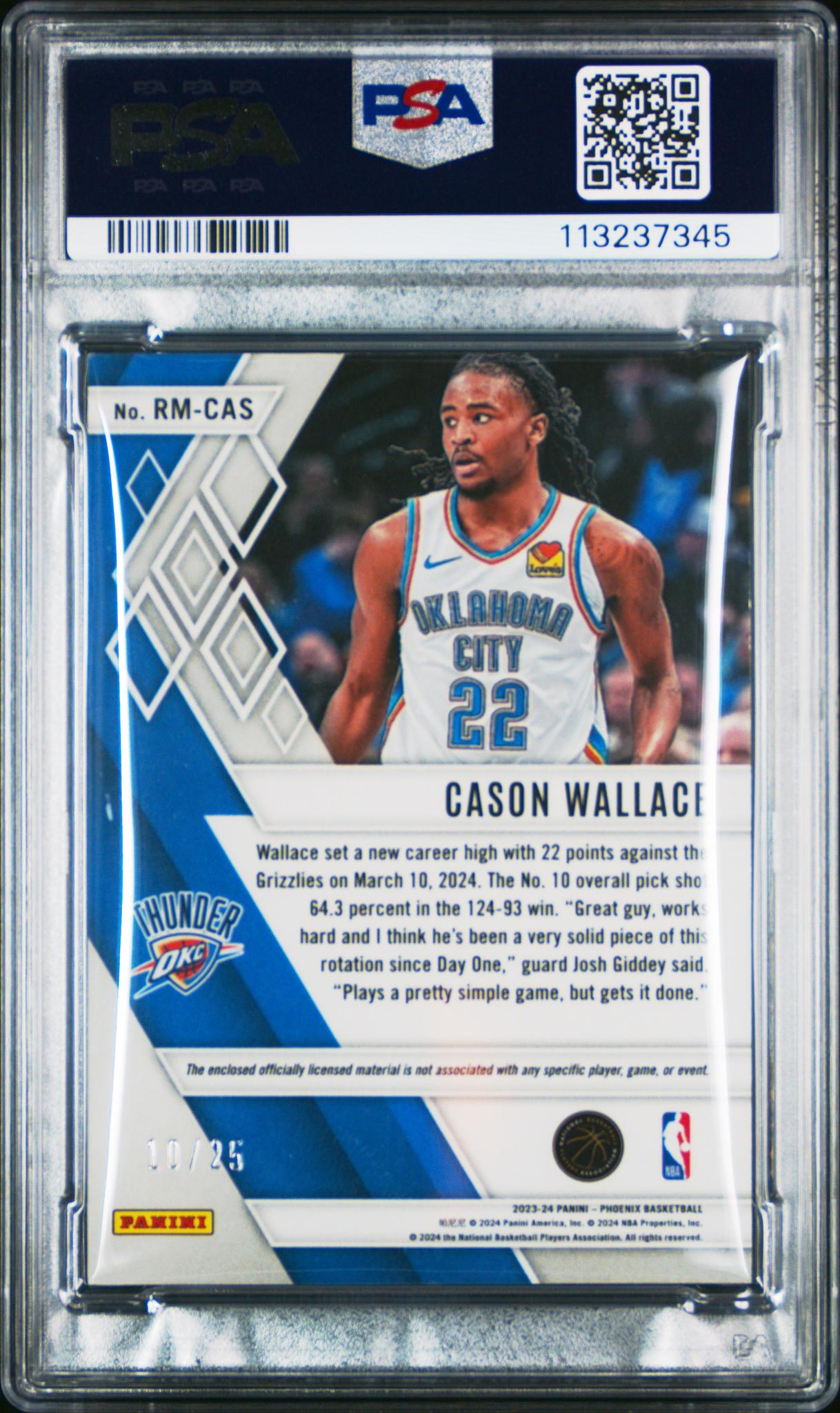 2023 Panini Phoenix Rookie Material Blue Cason Wallace #RMCAS RC Patch /25 PSA 8