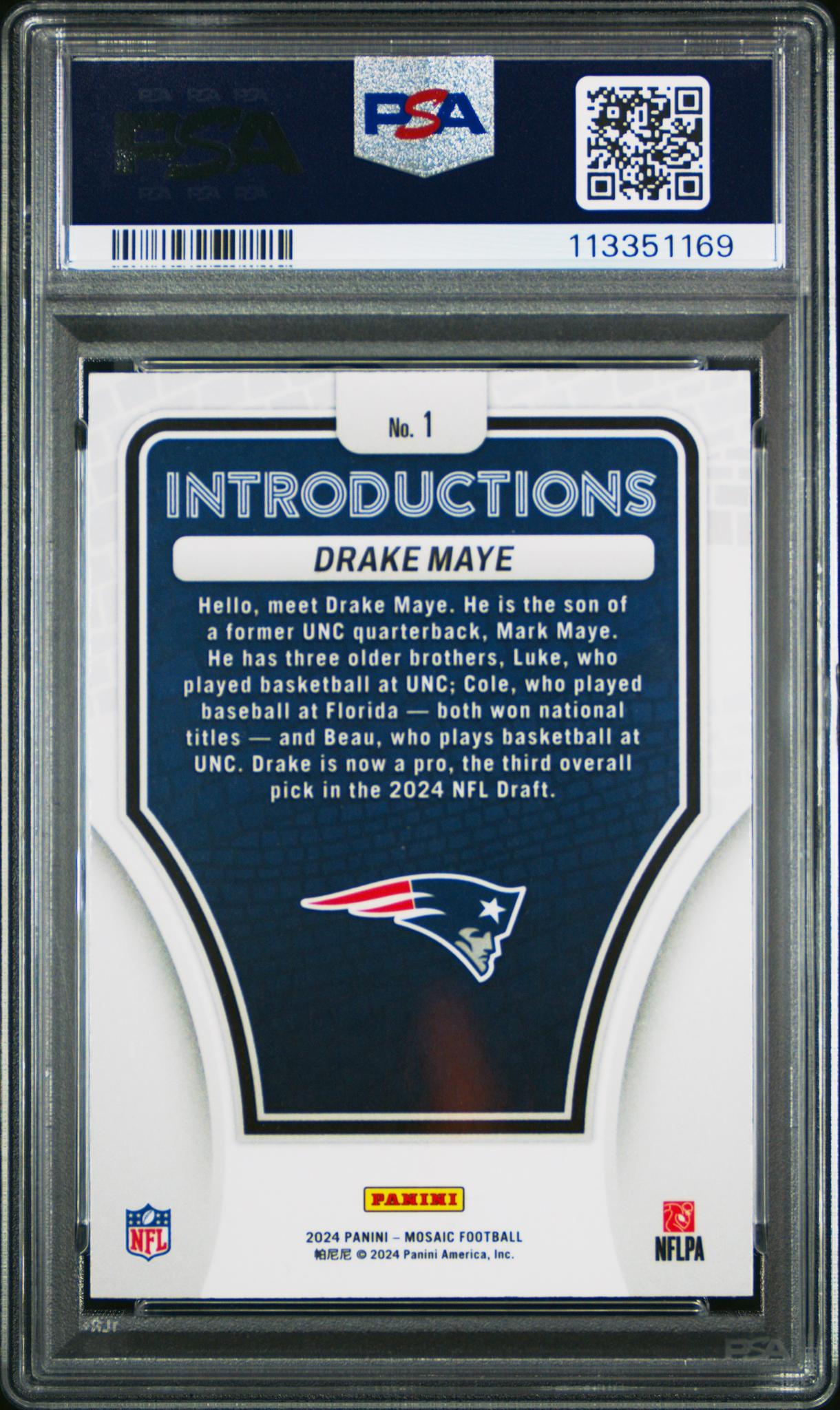 2024 Panini Mosaic Introductions Drake Maye #1 RC PSA 10