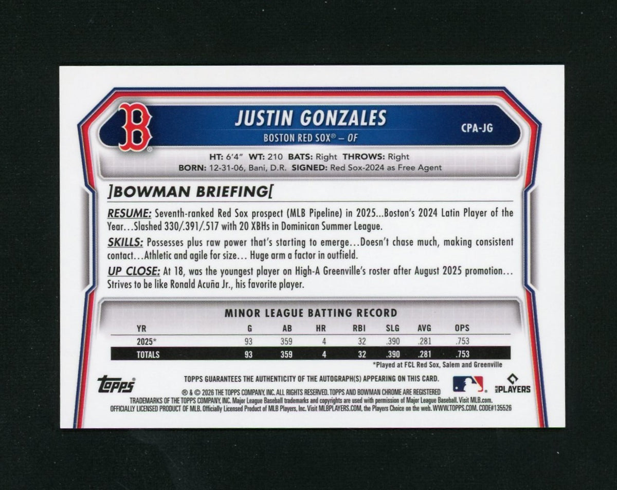 2026 Bowman Chrome Justin Gonzales 1st Rookie Auto Orange Shimmer /25