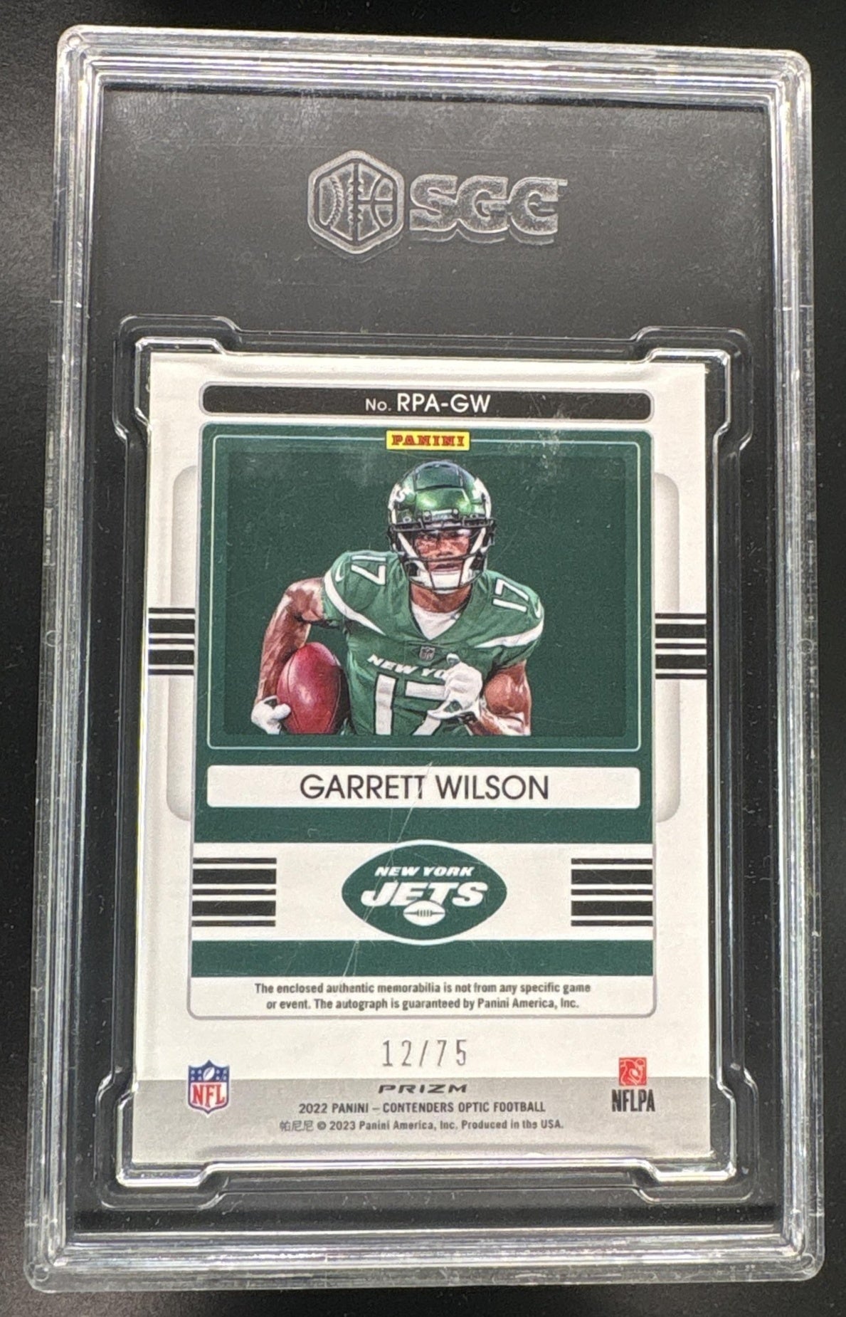 2022 Contenders Optic Garrett Wilson Rookie Patch Auto RC /75 SGC 9