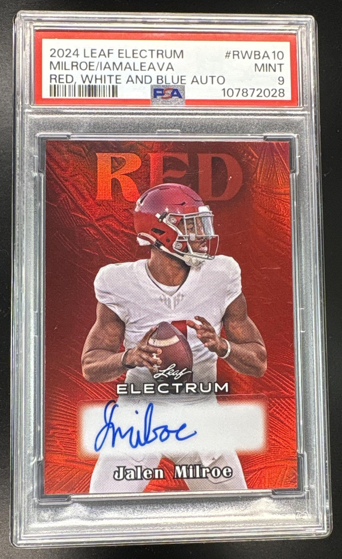 2024 Leaf Electrum Red, White & Blue Autographs Jalen Milroe/Nico Iamaleava #RWBA10 /10 PSA 9