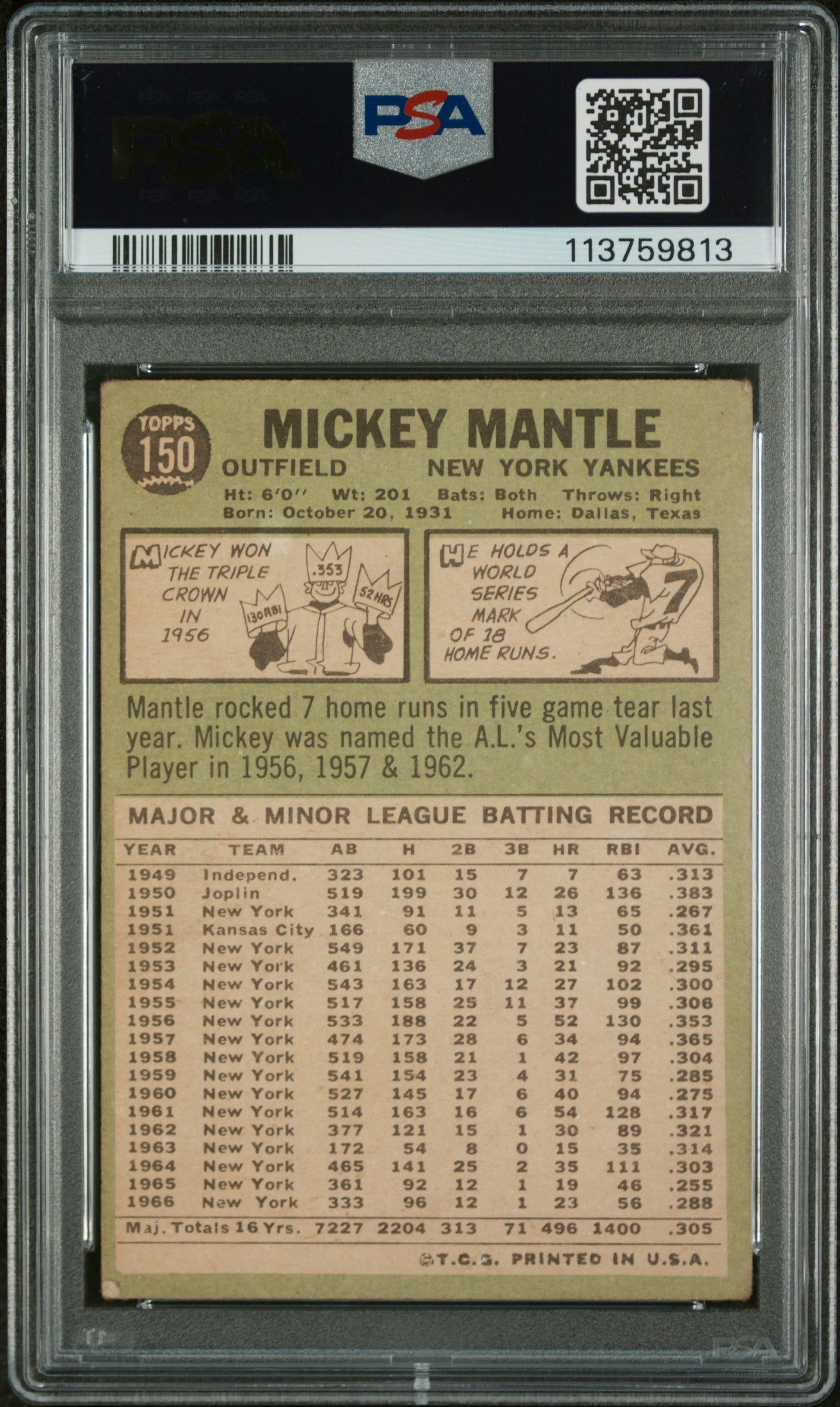 1967 Topps Mickey Mantle #150 PSA 2