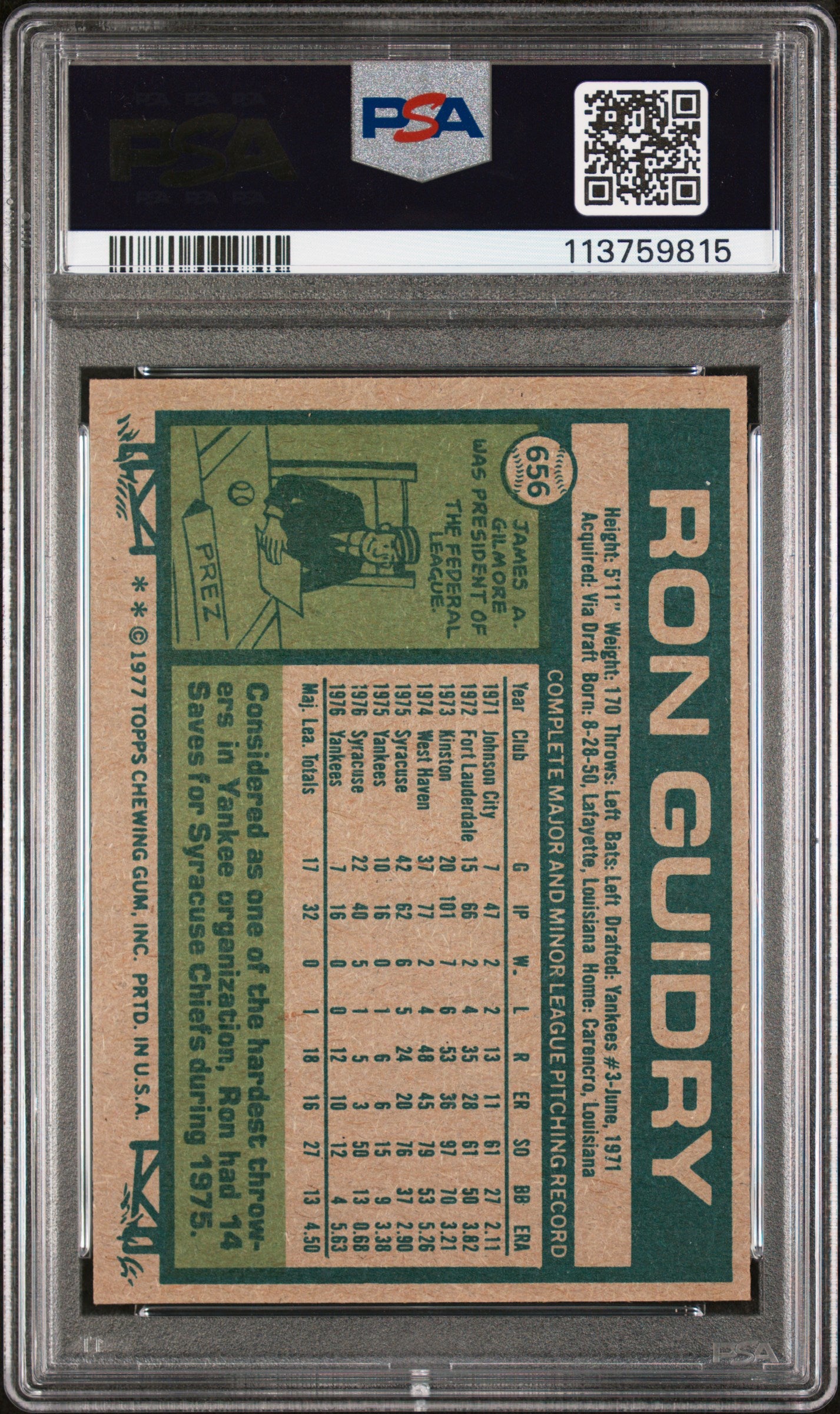 1977 Topps Ron Guidry #656 PSA 6