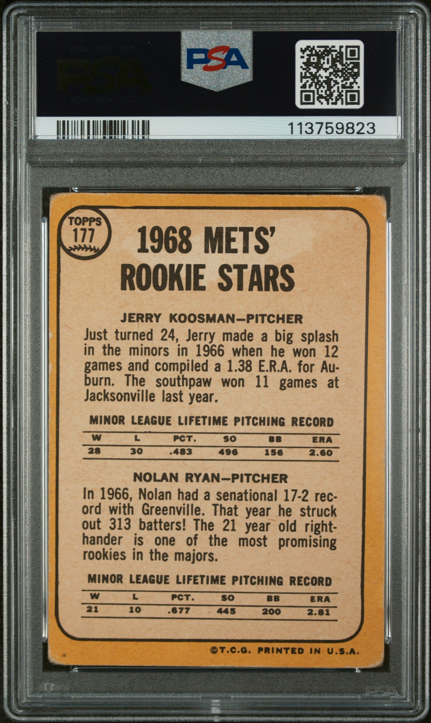1968 Topps Mets Rookies Nolan Ryan/Jerry Koosman #177 RC PSA 2