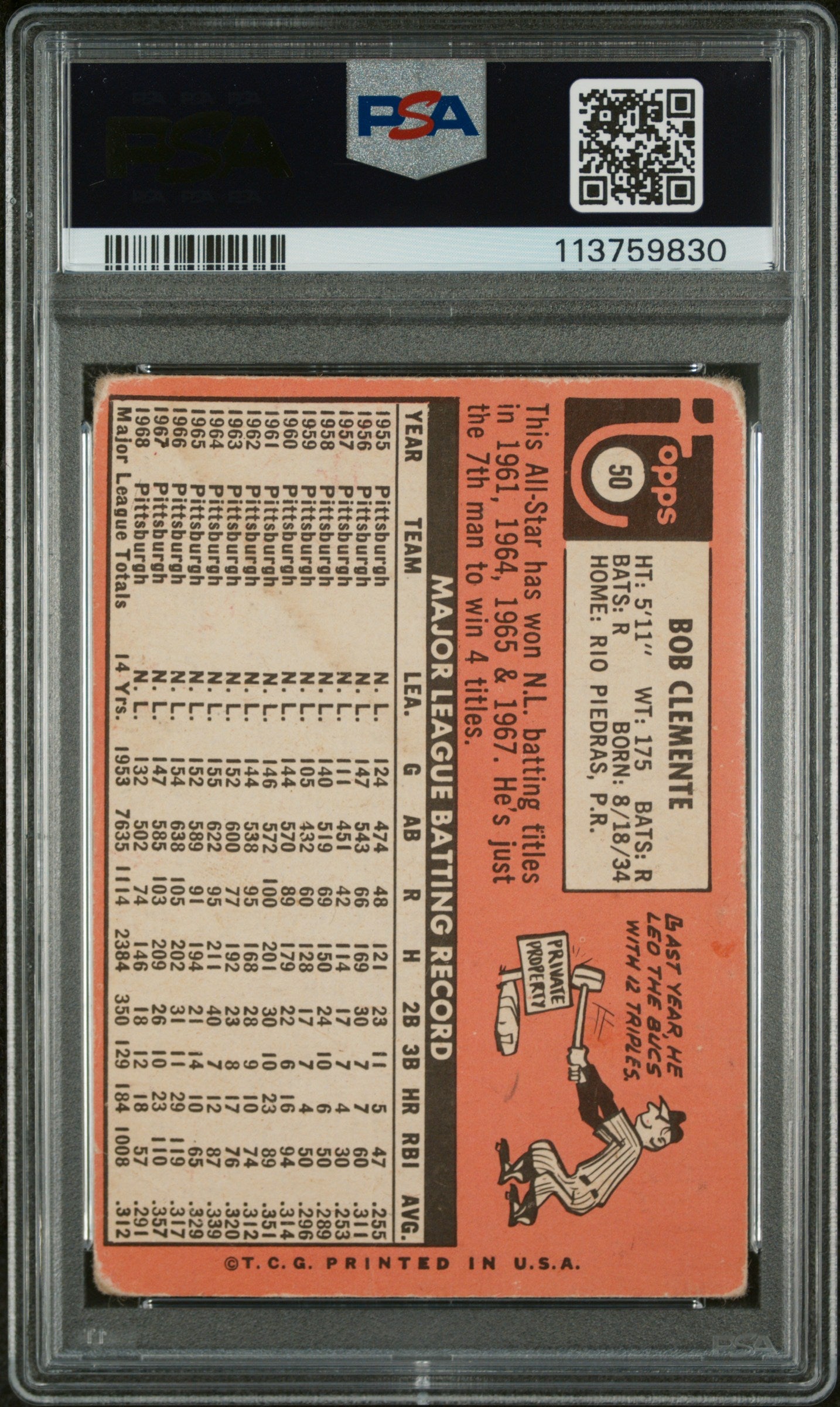 1969 Topps Bob Clemente #50 PSA 1
