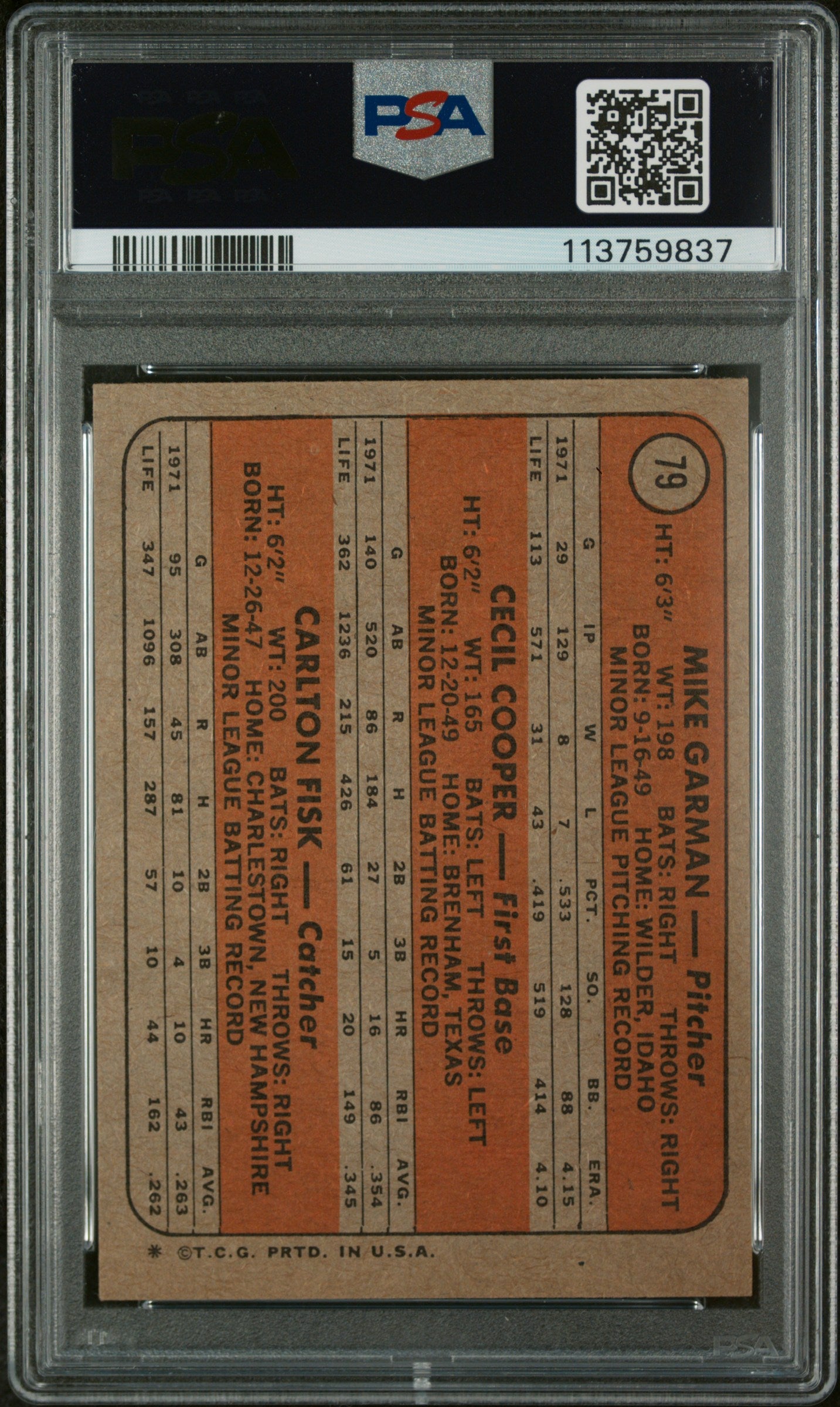 1972 Topps Red Sox Rookies Garman/Cooper/Fisk #79 PSA 6