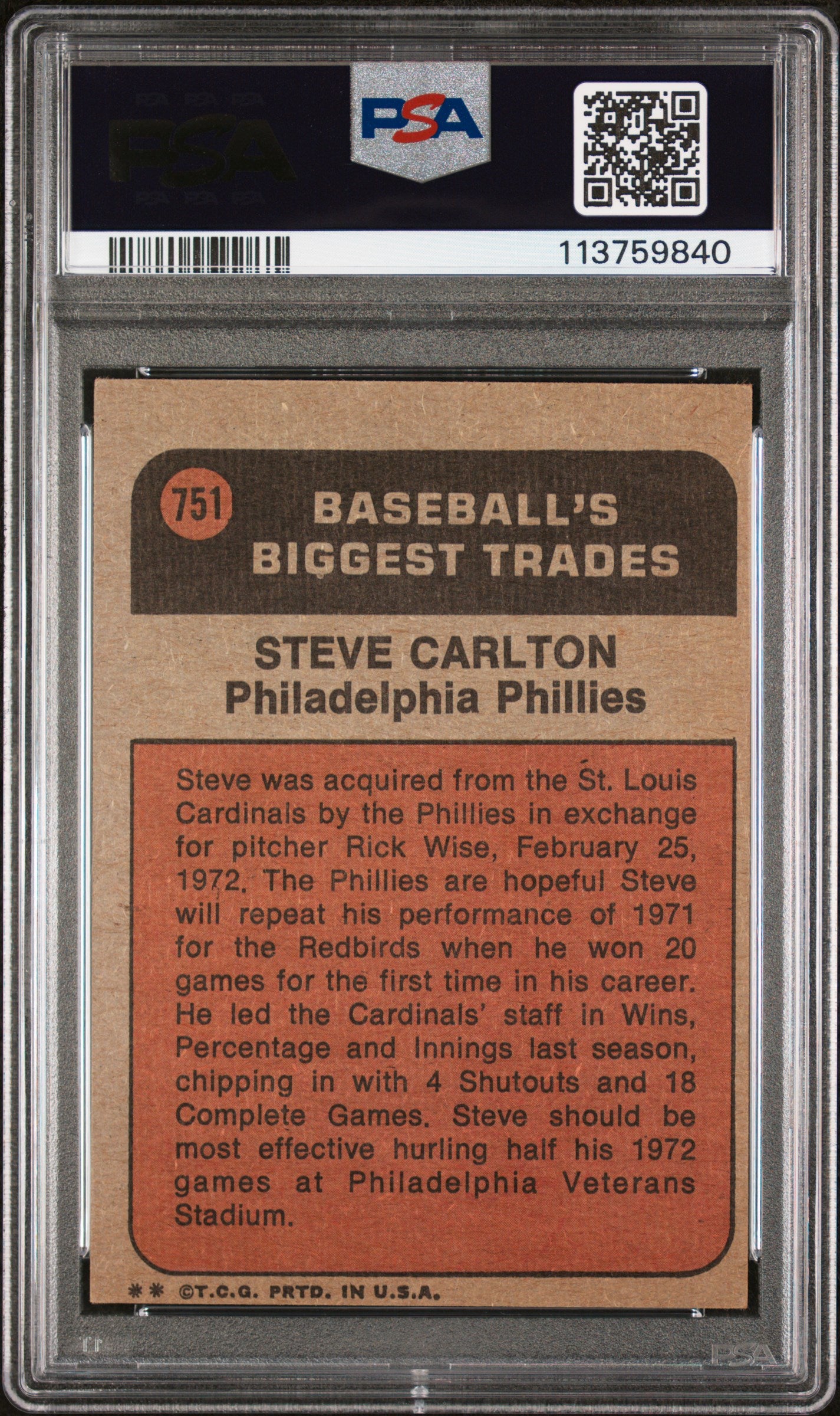 1972 Topps Traded Steve Carlton #751 PSA 5