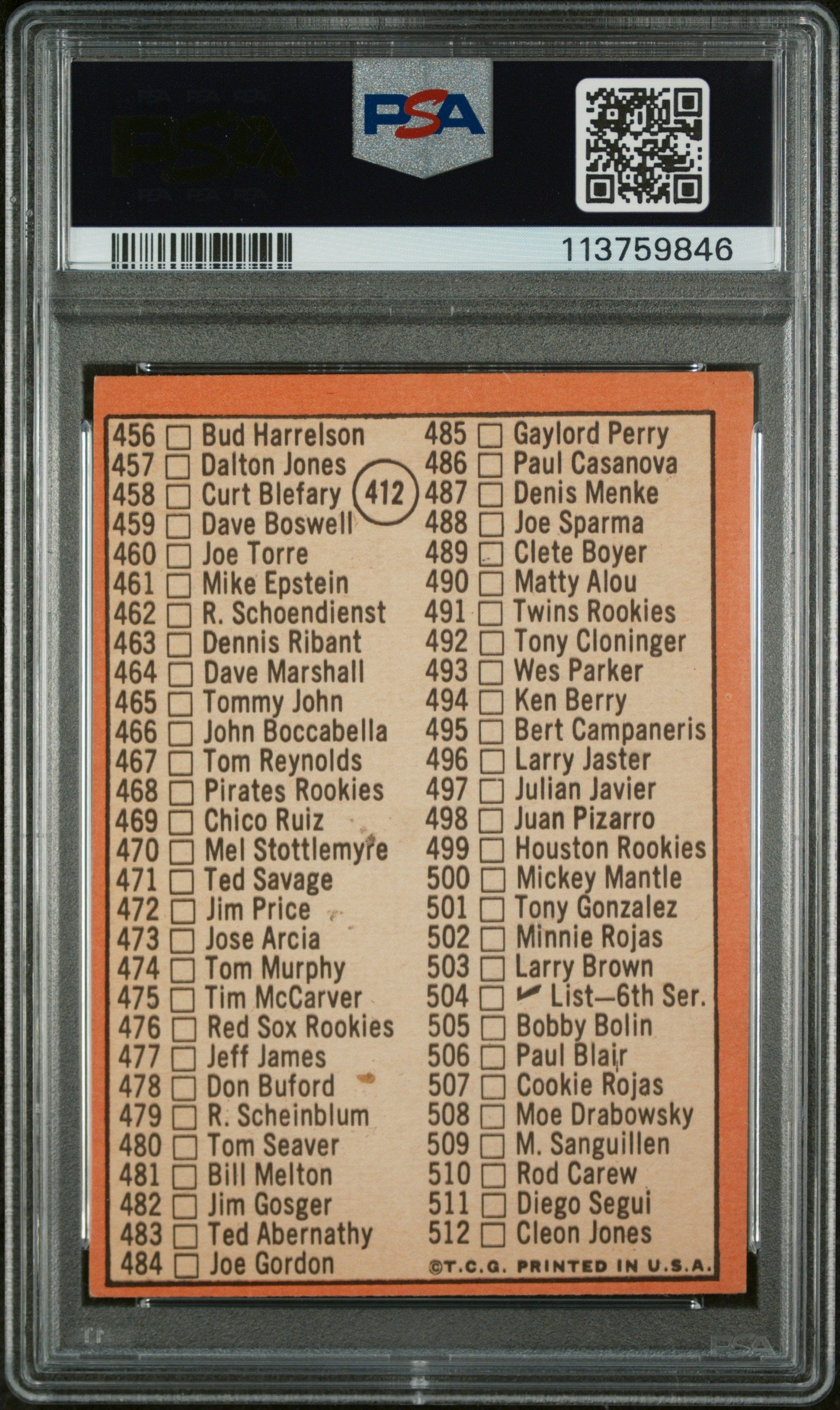 1969 Topps Checklist #412 PSA 5