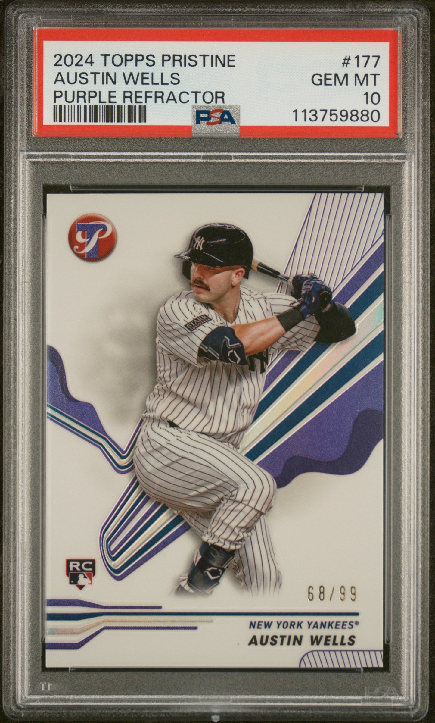 2024 Topps Pristine Purple Refractor Austin Wells #177 RC /99 PSA 10