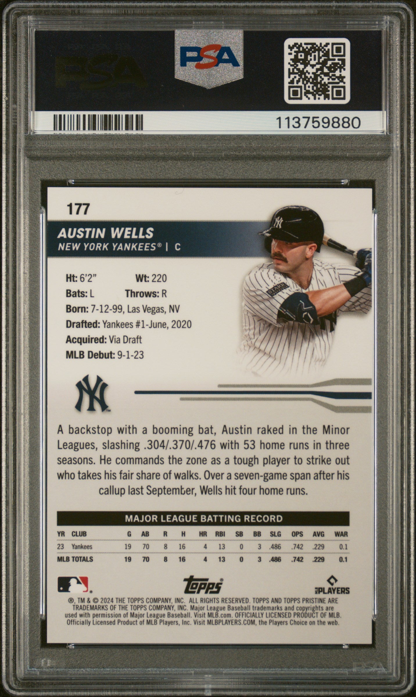 2024 Topps Pristine Purple Refractor Austin Wells #177 RC /99 PSA 10