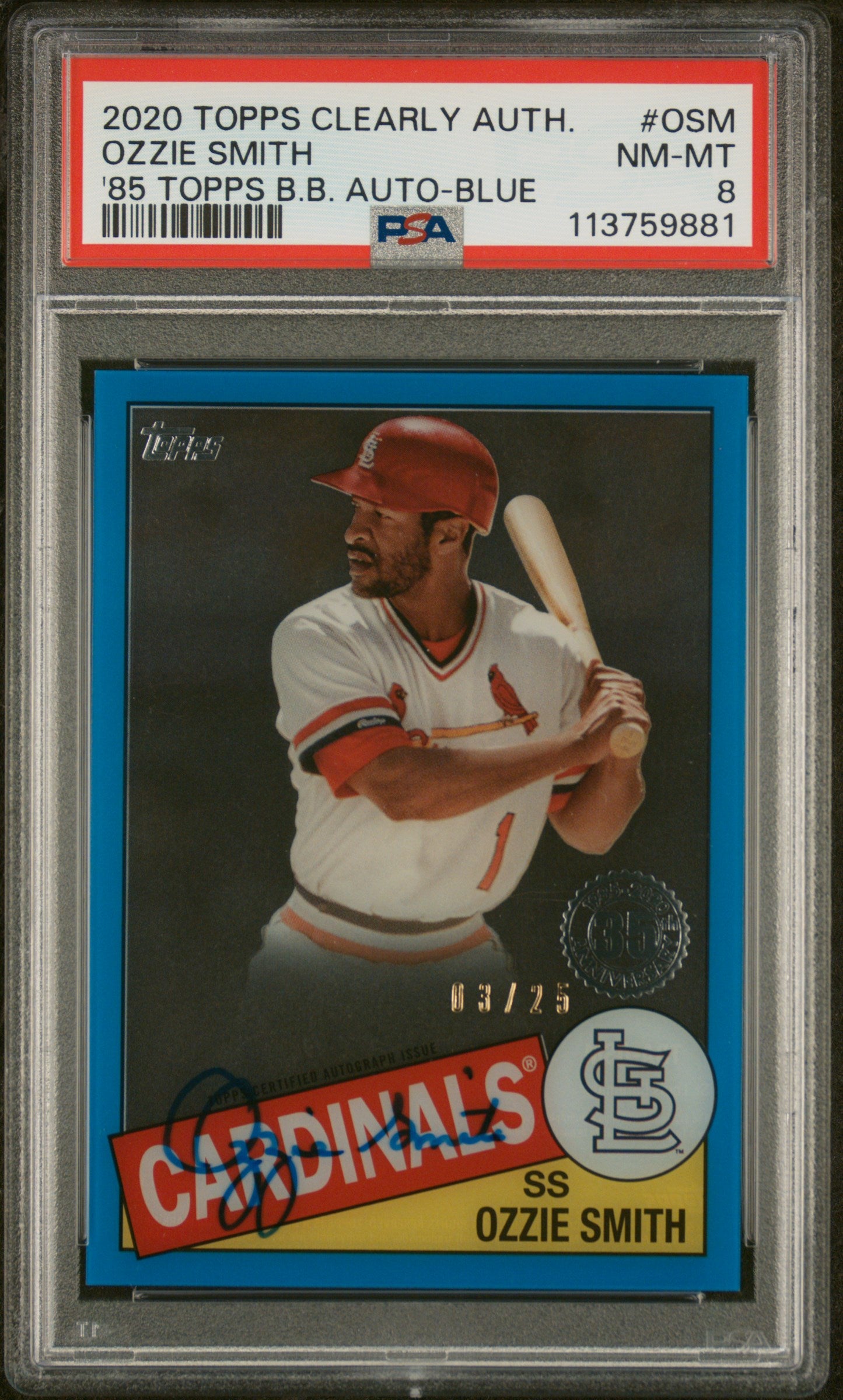 2020 Topps Clearly Auth Blue Ozzie Smith #OSM Auto /25 PSA 8