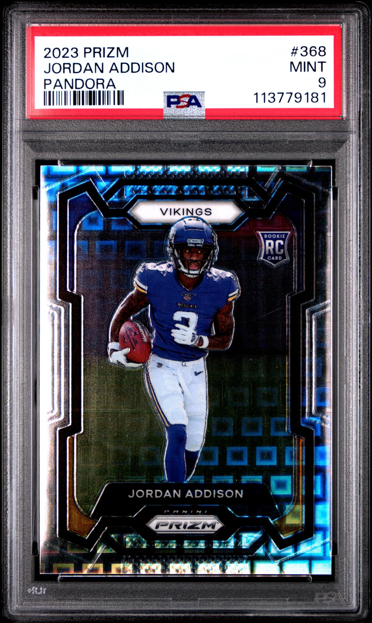 2023 Panini Prizm Pandora Jordan Addison #368 RC /100 PSA 9