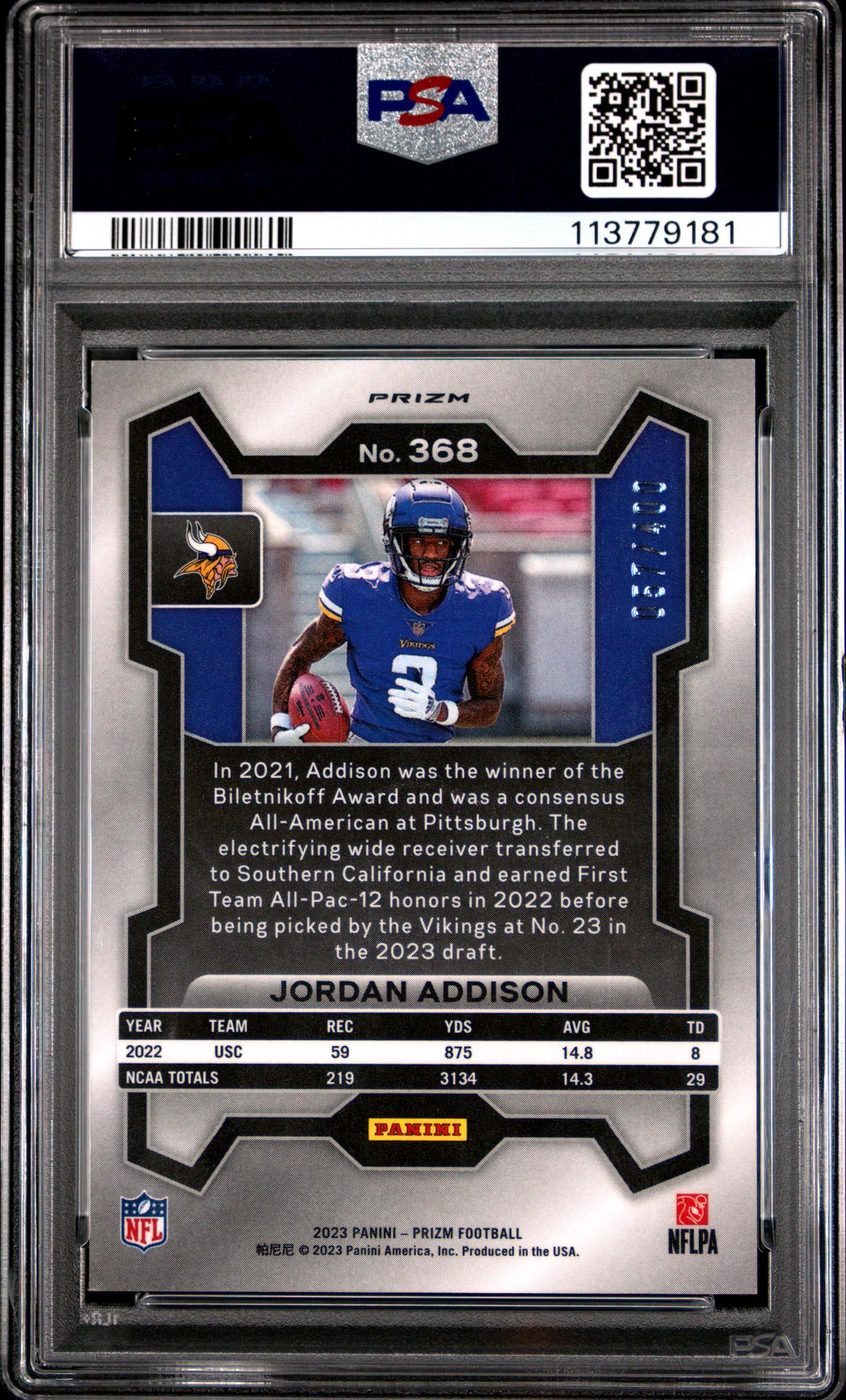 2023 Panini Prizm Pandora Jordan Addison #368 RC /100 PSA 9