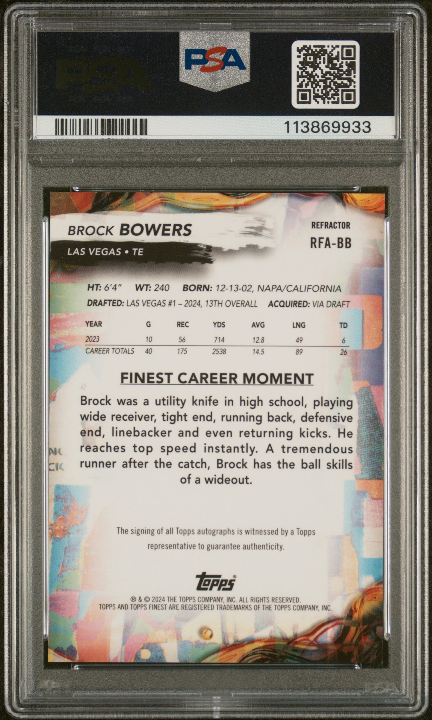 2024 Topps Finest Rookie Finest Refractor Brock Bowers #RFA-BB RC Auto PSA 10